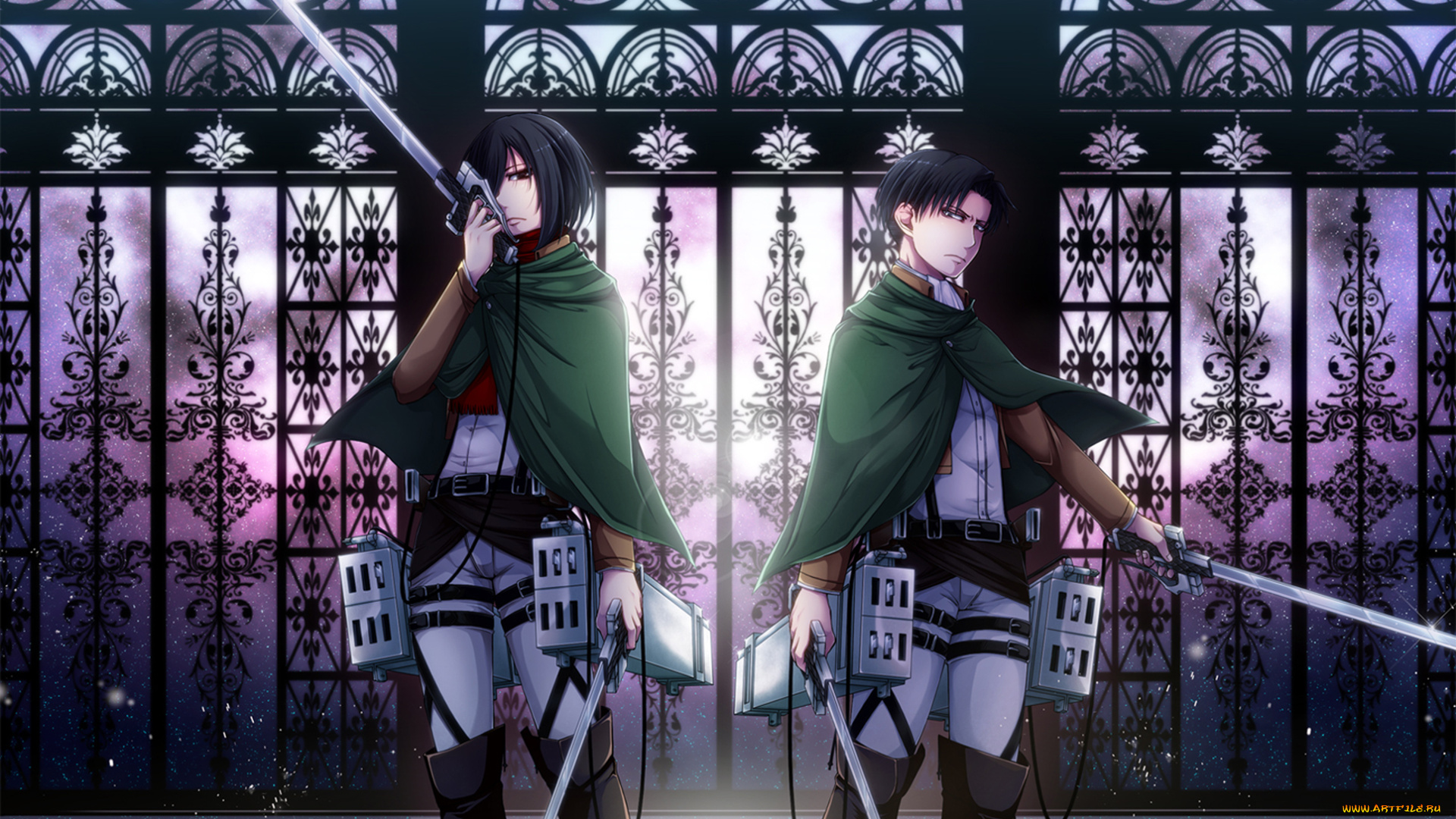 аниме, shingeki, no, kyojin, attack, on, titan, shingeki, no, kyojin, mikasa, ackerman, rivaille, levi, парень, девушка, двое, оружие