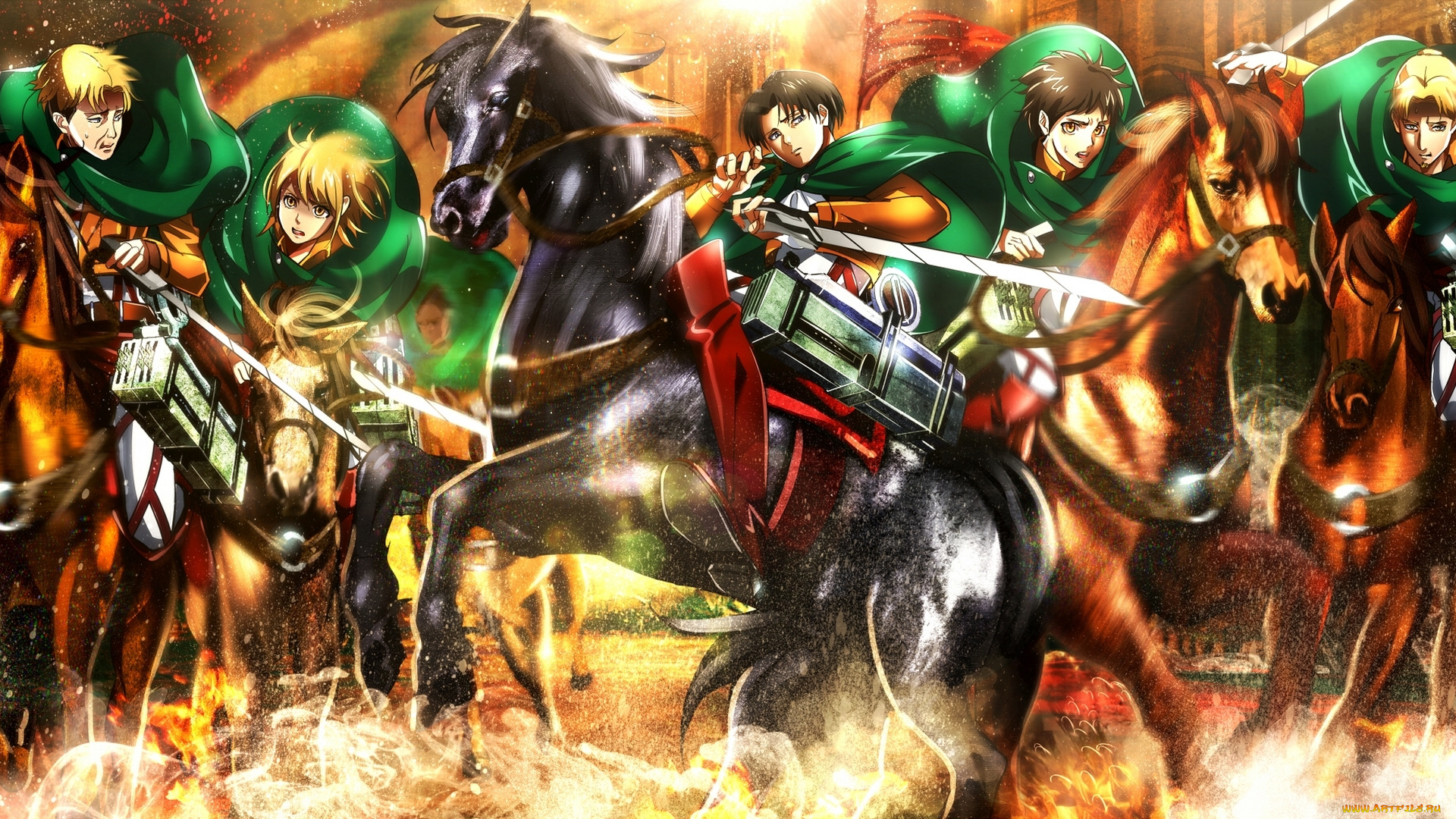 аниме, shingeki, no, kyojin, auruo, bossard, gunter, shulz, оружие, eren, jaeger, erd, gin, вторжение, гигантов, лошади, мечи, парень, девушка, rivaille, petra, ral