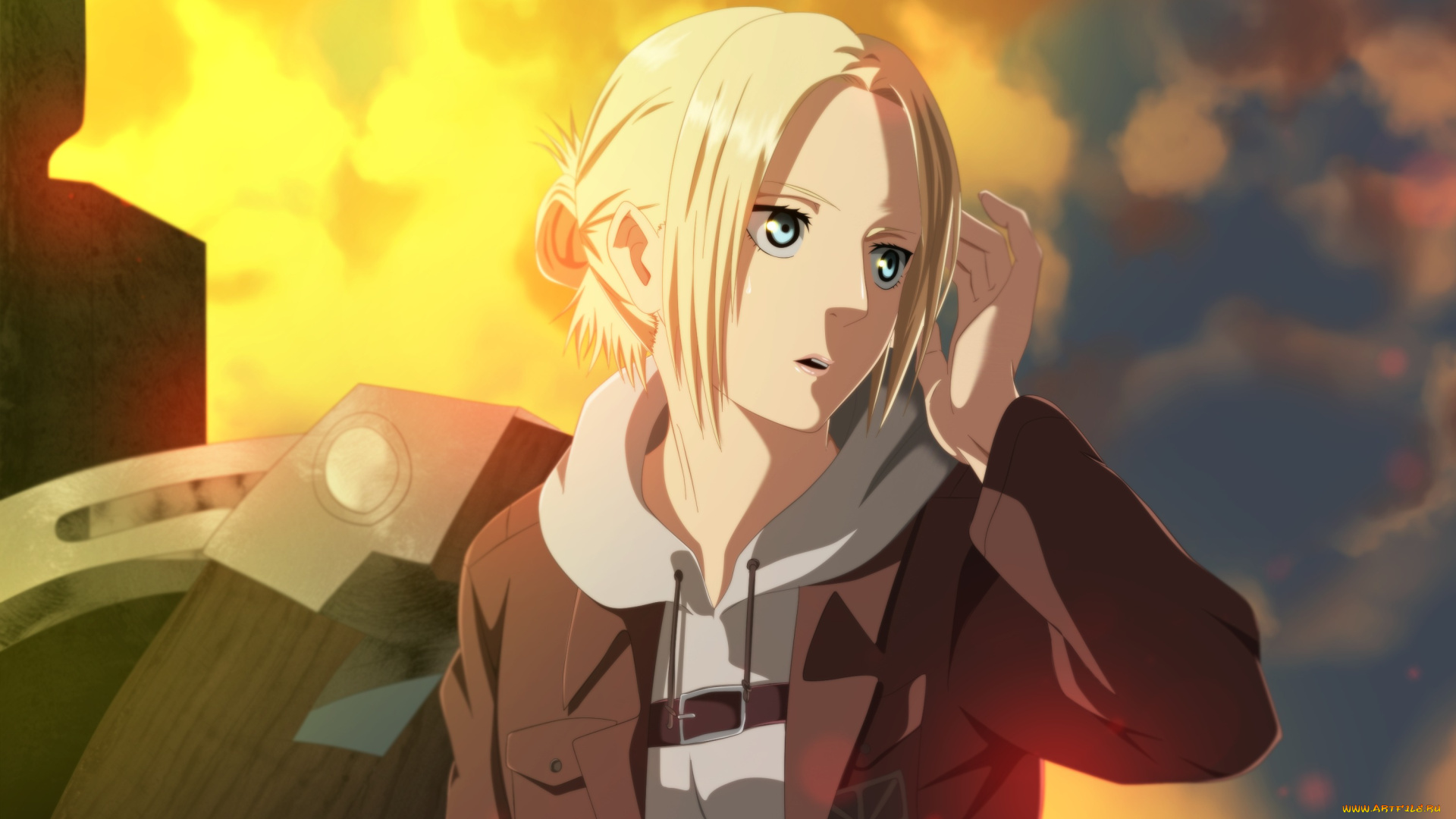 аниме, shingeki, no, kyojin, девушка, блондинка, вторжение, титанов, небо, солнечный, свет