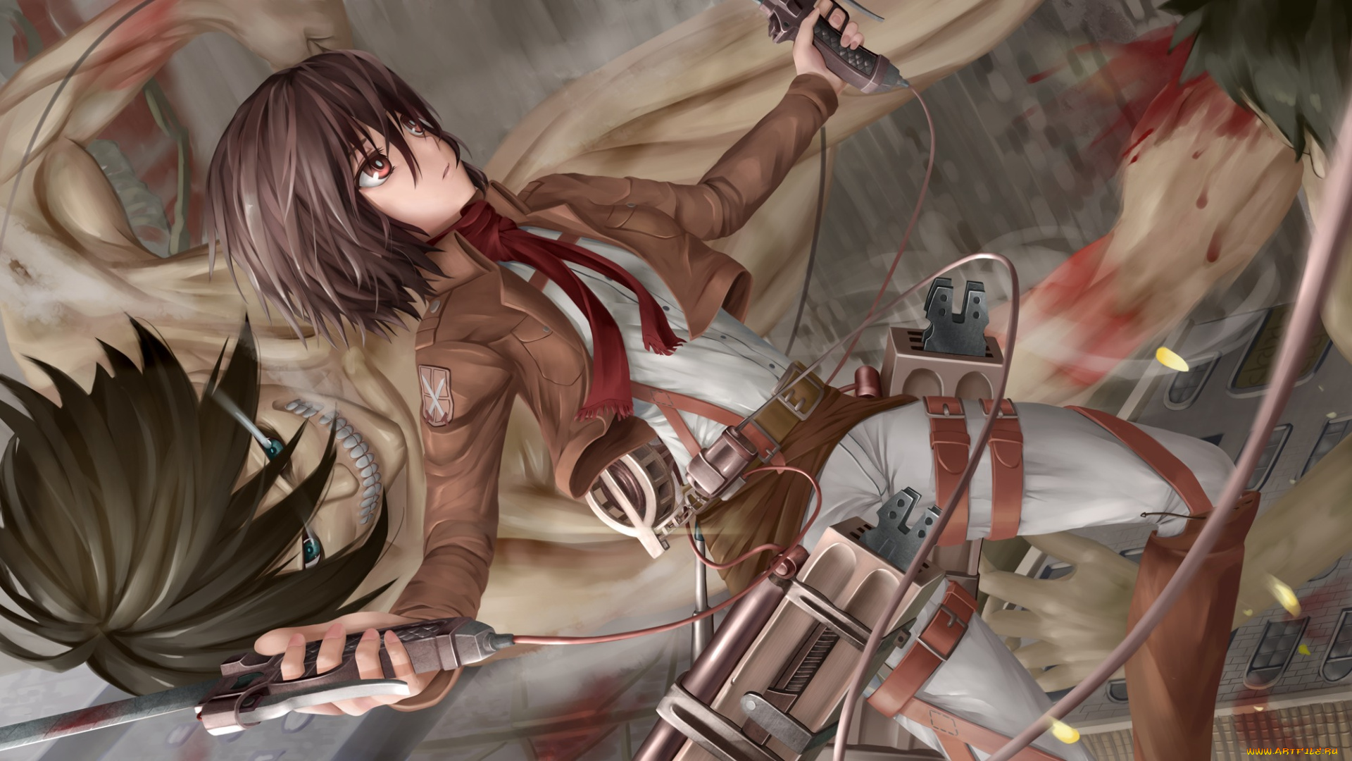 аниме, shingeki, no, kyojin, клинки, гигант, полет, спокойствие, злость, mikasa, ackerman, девушка, eren, jaeger, солдат