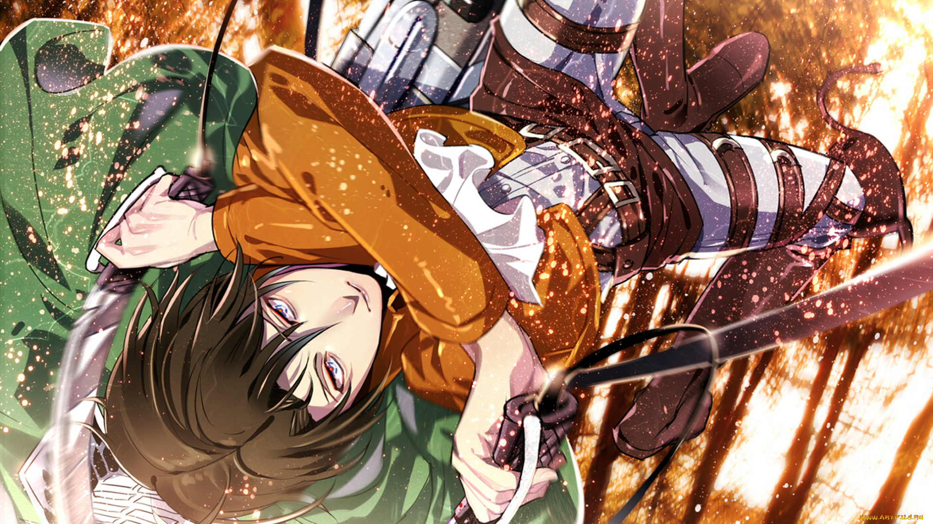 аниме, shingeki, no, kyojin, парень, levi, rivaille, attack, on, titan, shingeki, no, kyojin, искры, лес, прыжок