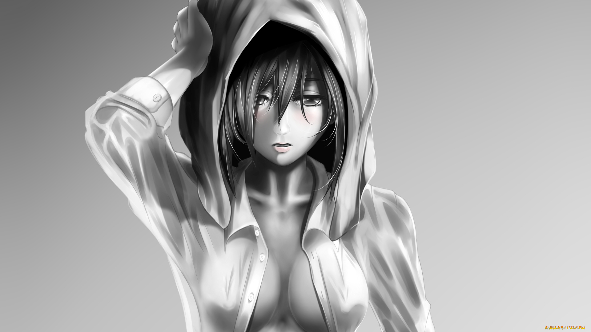 аниме, shingeki, no, kyojin, полотенце, грудь, блузка, удивление, девушка, взгляд, mikasa, ackerman