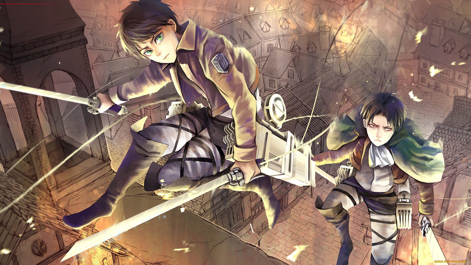 аниме, shingeki, no, kyojin, shingeki, no, kyojin, attack, on, titan, крыши, оружие, парни, levi, rivaille, eren, jaeger