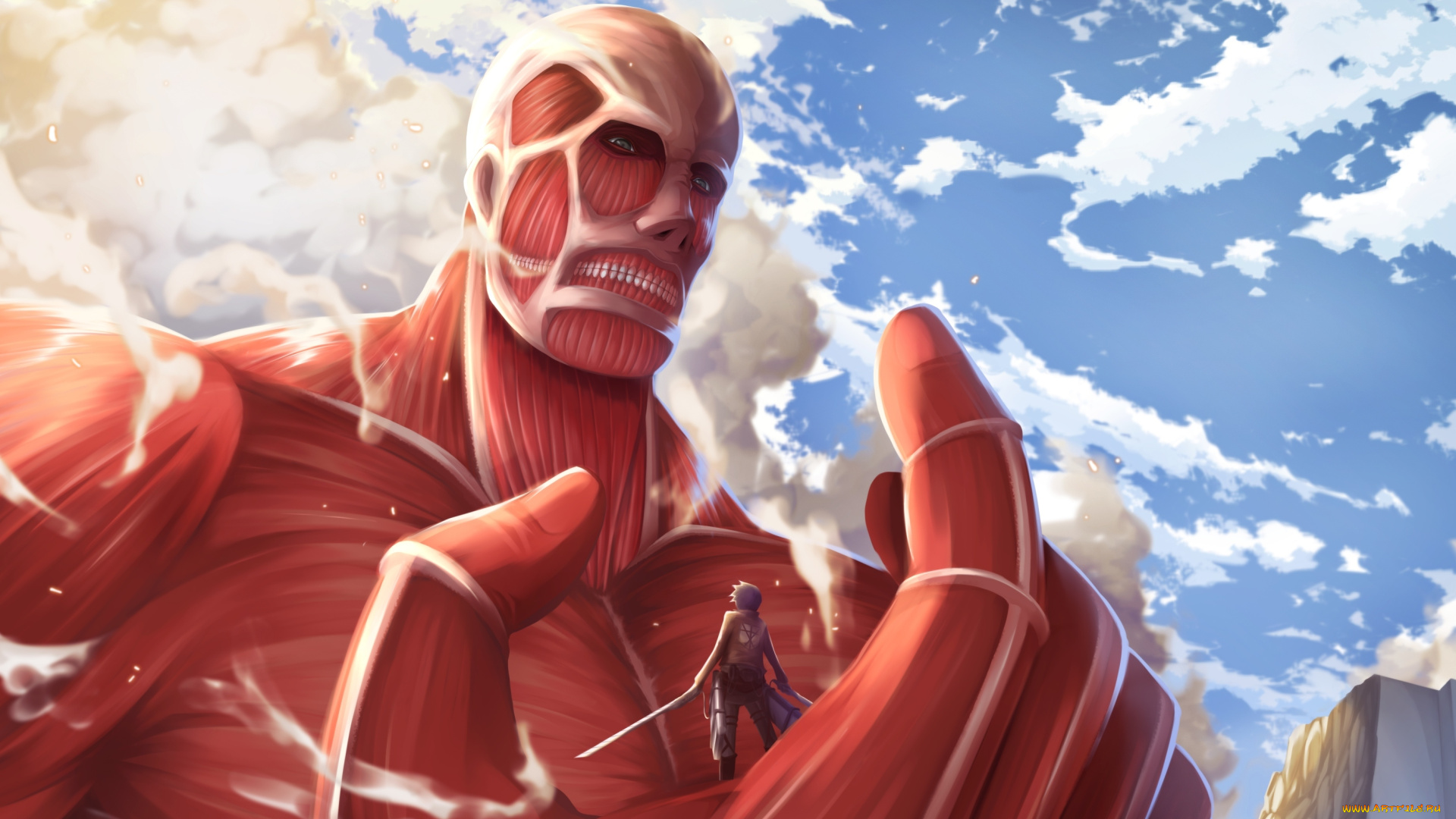 аниме, shingeki, no, kyojin, титан, разрушения, солдат, клинки, взгляд, colossal, titan, eren, jaeger, парень