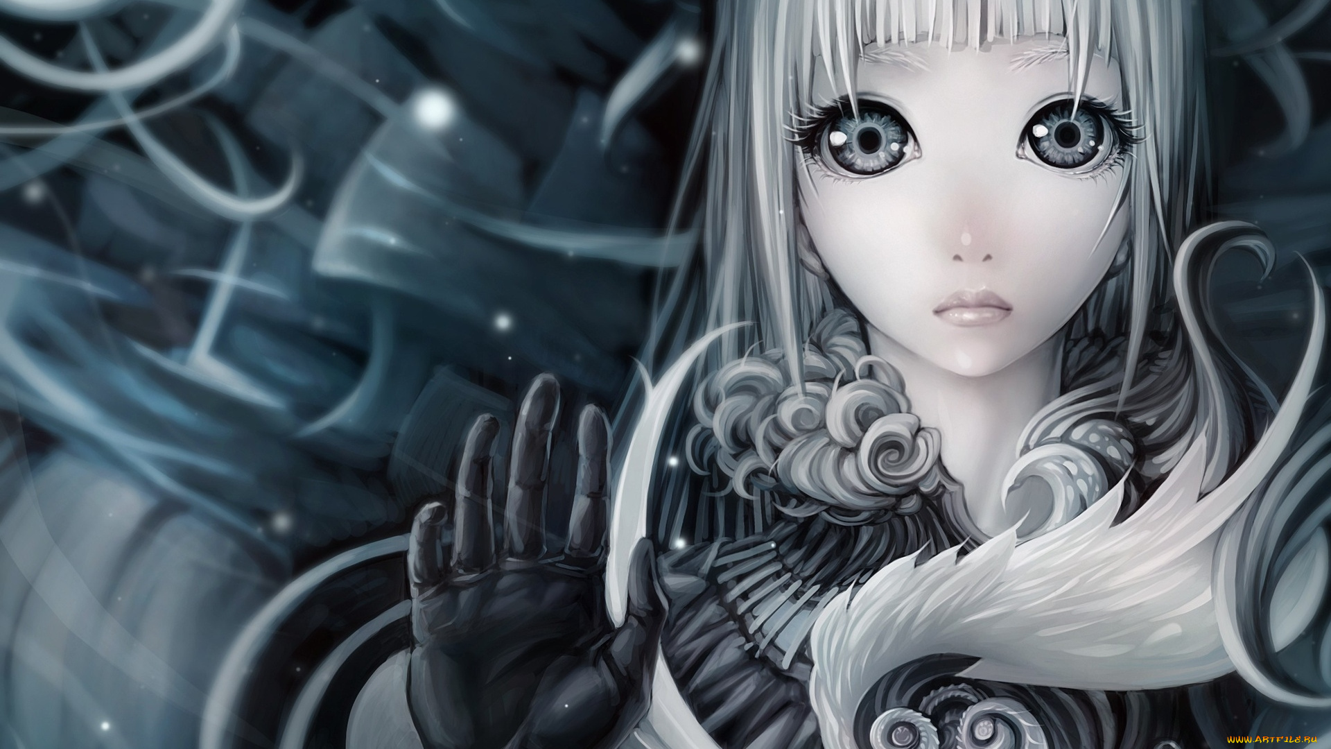 аниме, *unknown, , другое, завитушки, лицо, девушка, перчатка, рука