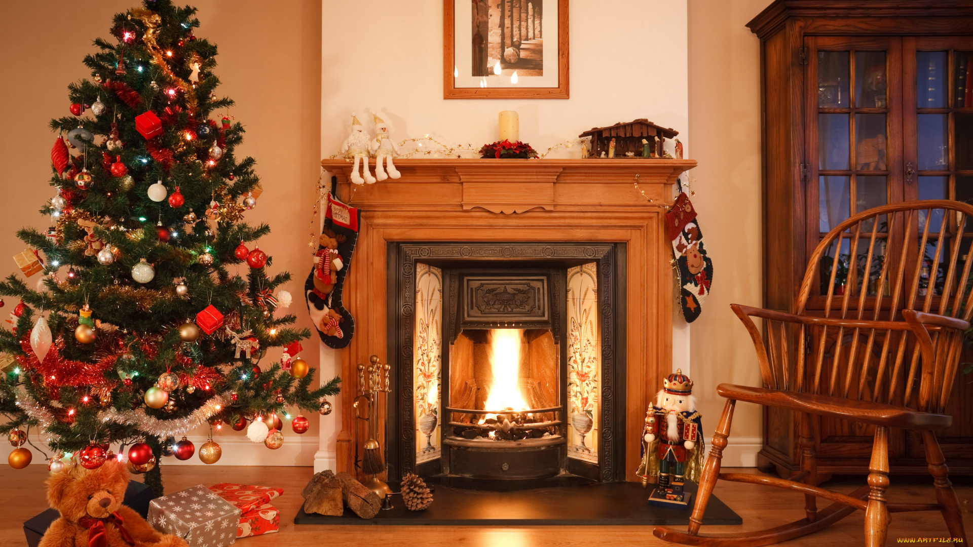 праздничные, новогодний, очаг, игрушки, елка, кресло, камин