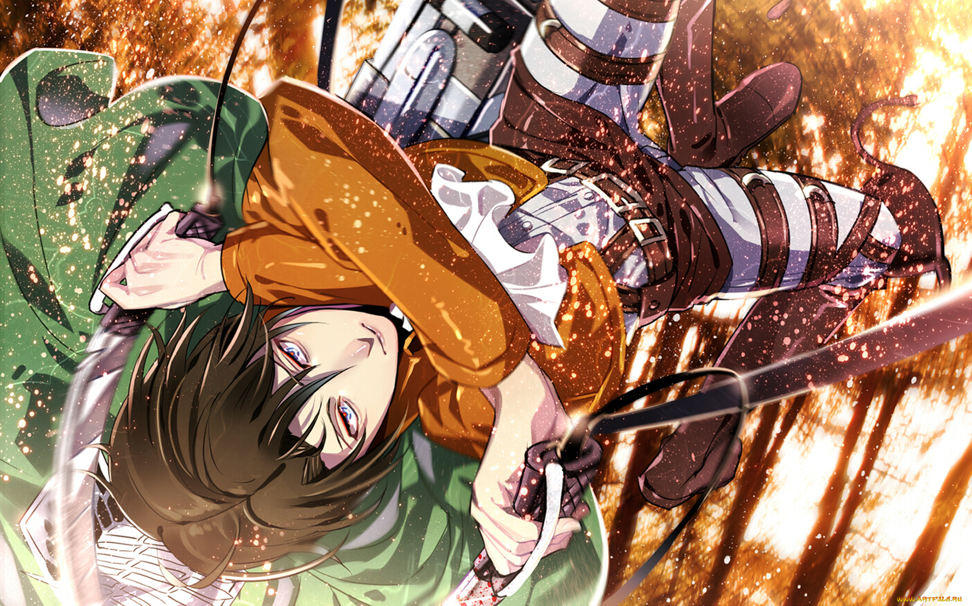 аниме, shingeki, no, kyojin, парень, levi, rivaille, attack, on, titan, shingeki, no, kyojin, искры, лес, прыжок