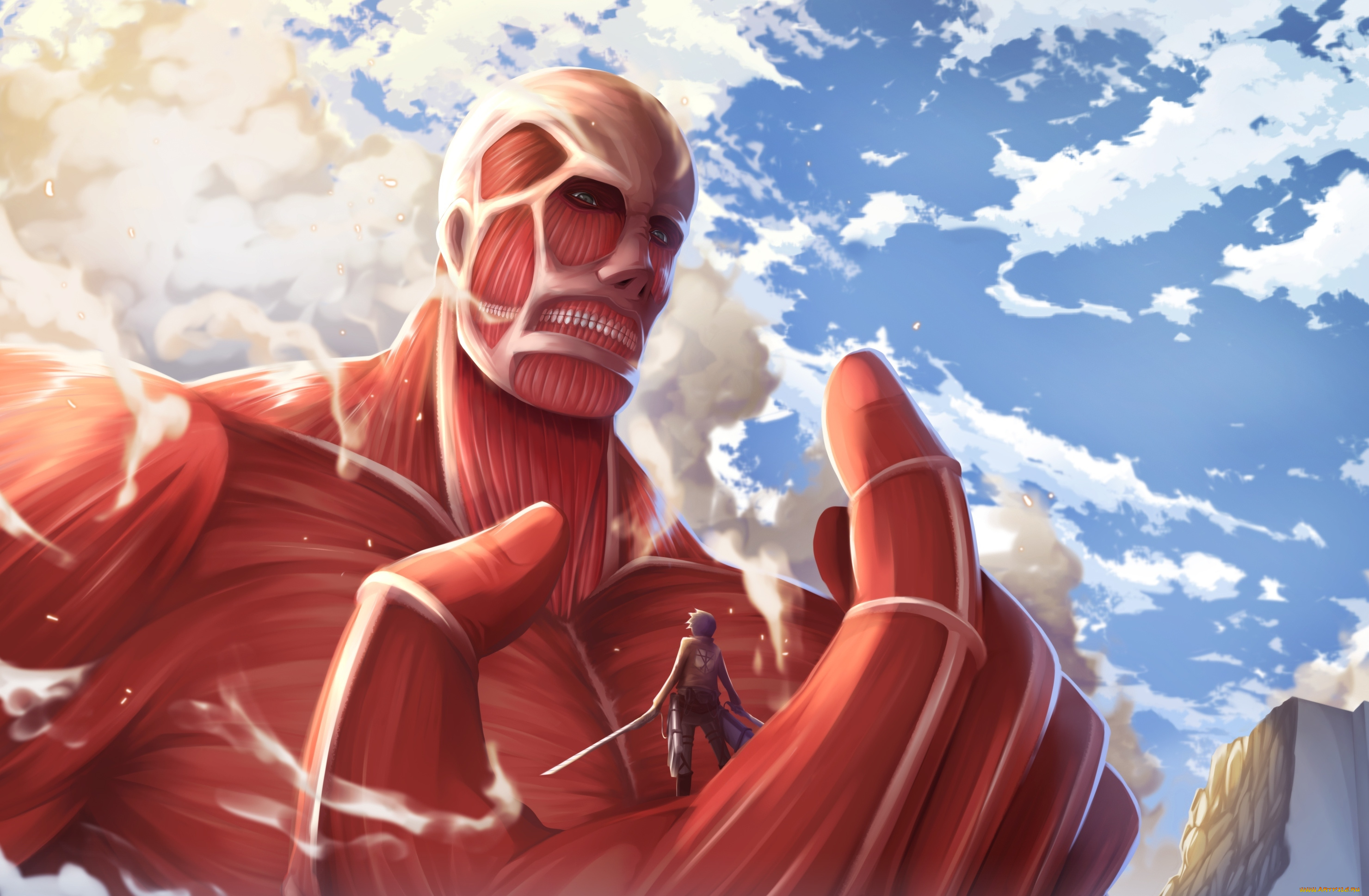 аниме, shingeki, no, kyojin, титан, разрушения, солдат, клинки, взгляд, colossal, titan, eren, jaeger, парень