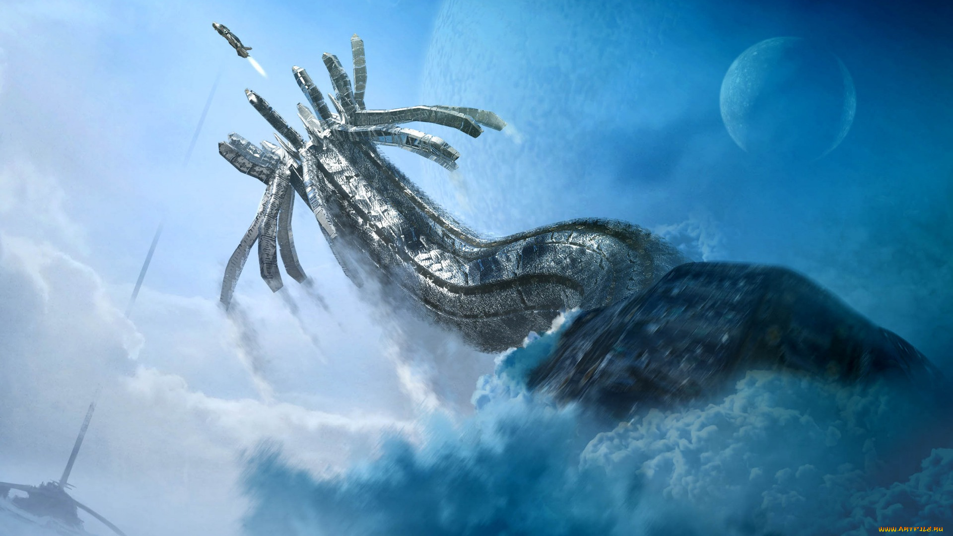 фэнтези, роботы, , киборги, , механизмы, гора, спутник, корабль, гигантский, червь, планета, арт