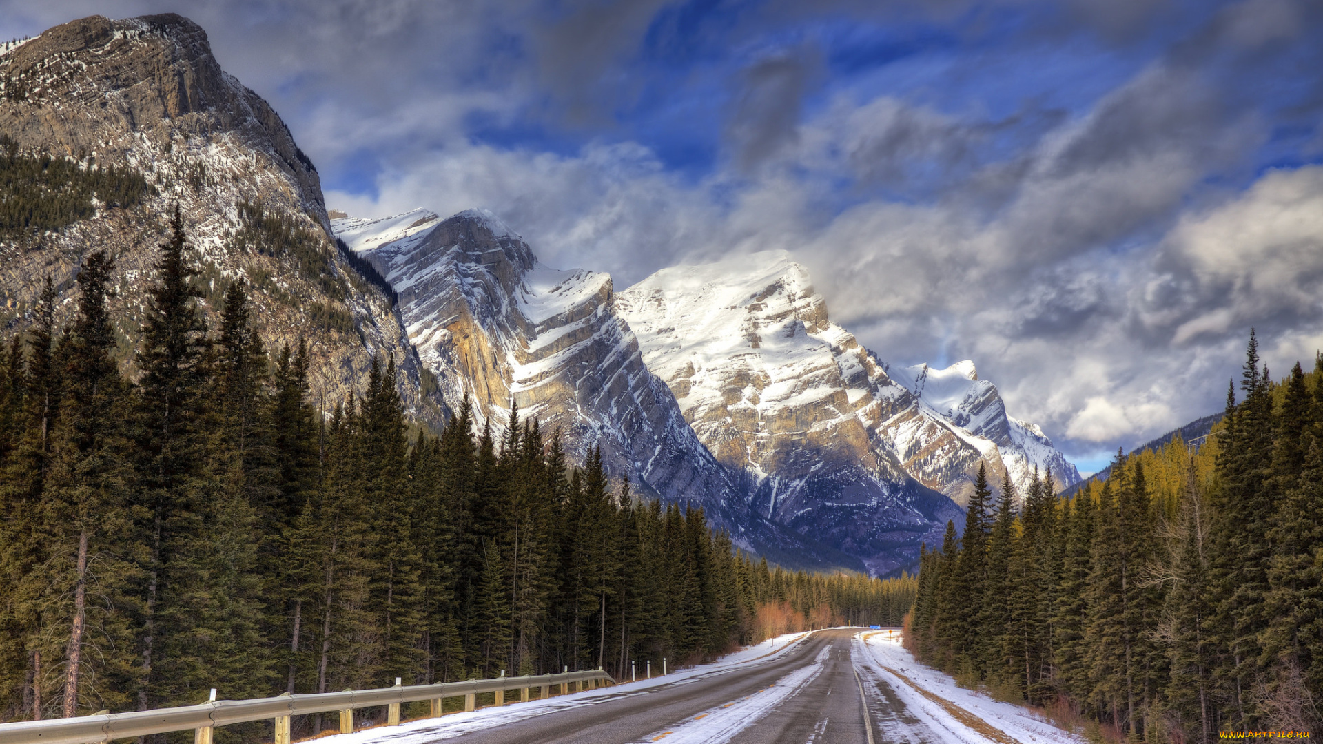 природа, дороги, небо, облака, горы, снег, лес, дорога, шоссе