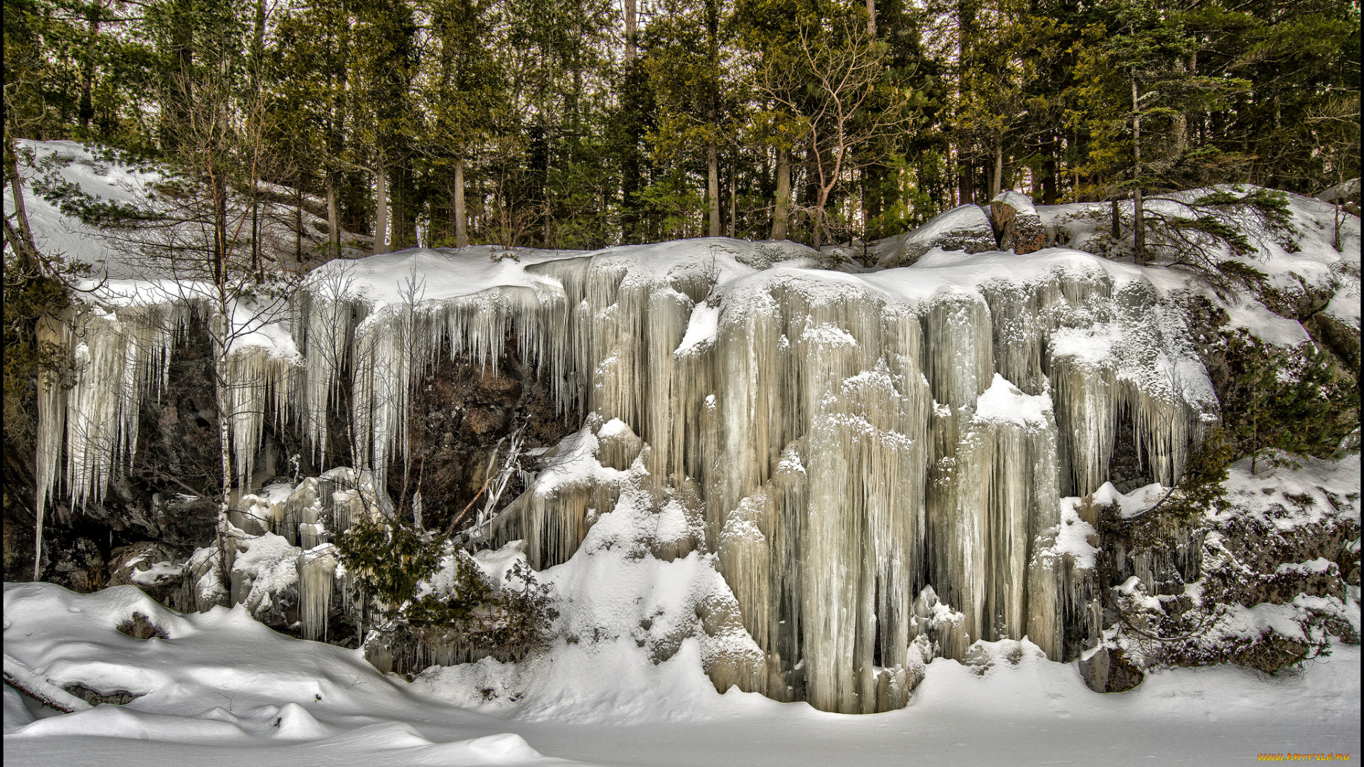 природа, зима, лес, ледопад