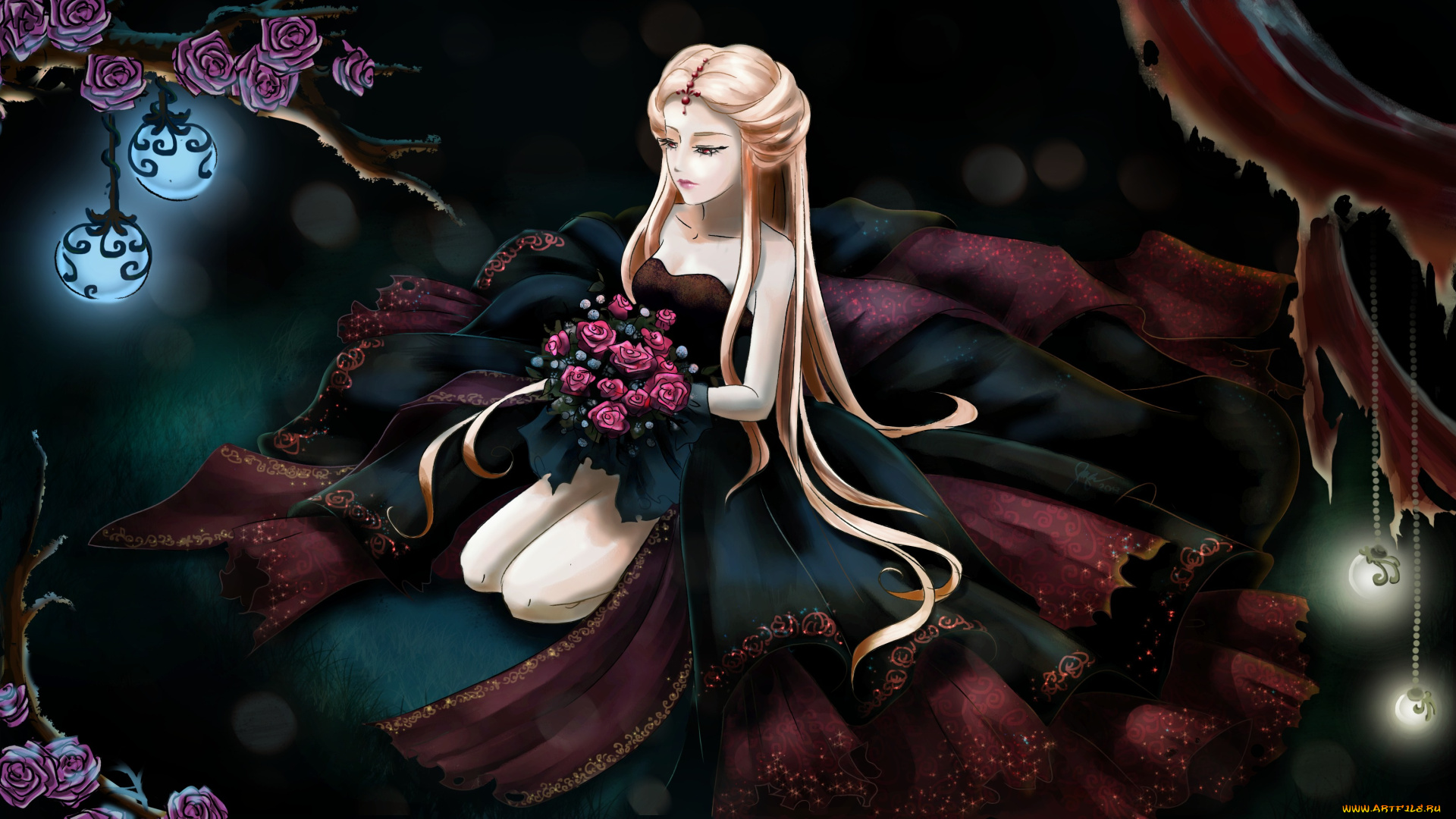 разное, арты, аниме, девушка, сидит, волосы, длинные, лицо, руки, платье, цветы, букет, розы, фонари, свет, трава