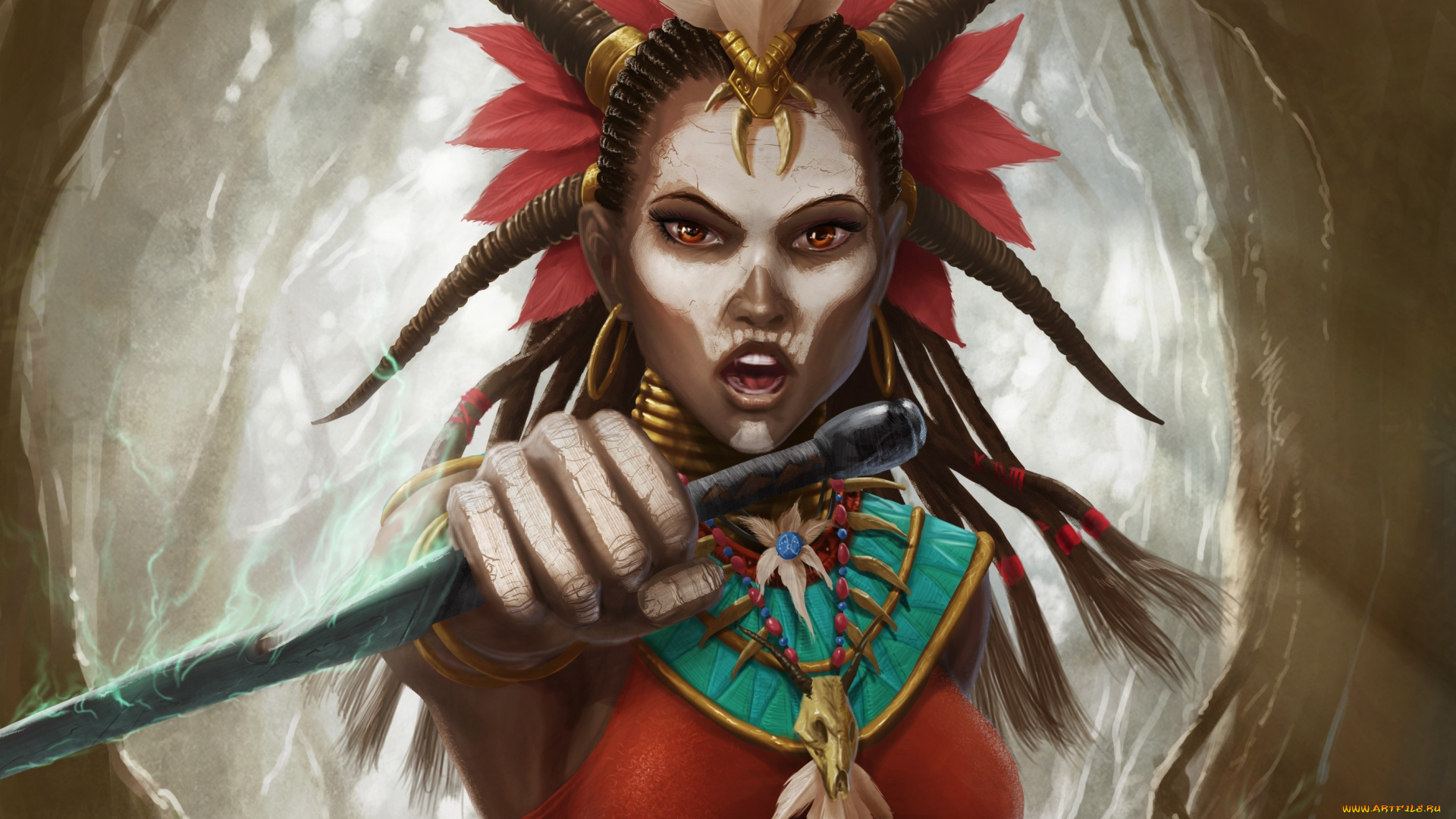 видео, игры, diablo, iii, , reaper, of, souls, арт, reaper, of, souls, diablo, iii, witch, doctor, девушка, шаман, раскраска, кинжалы