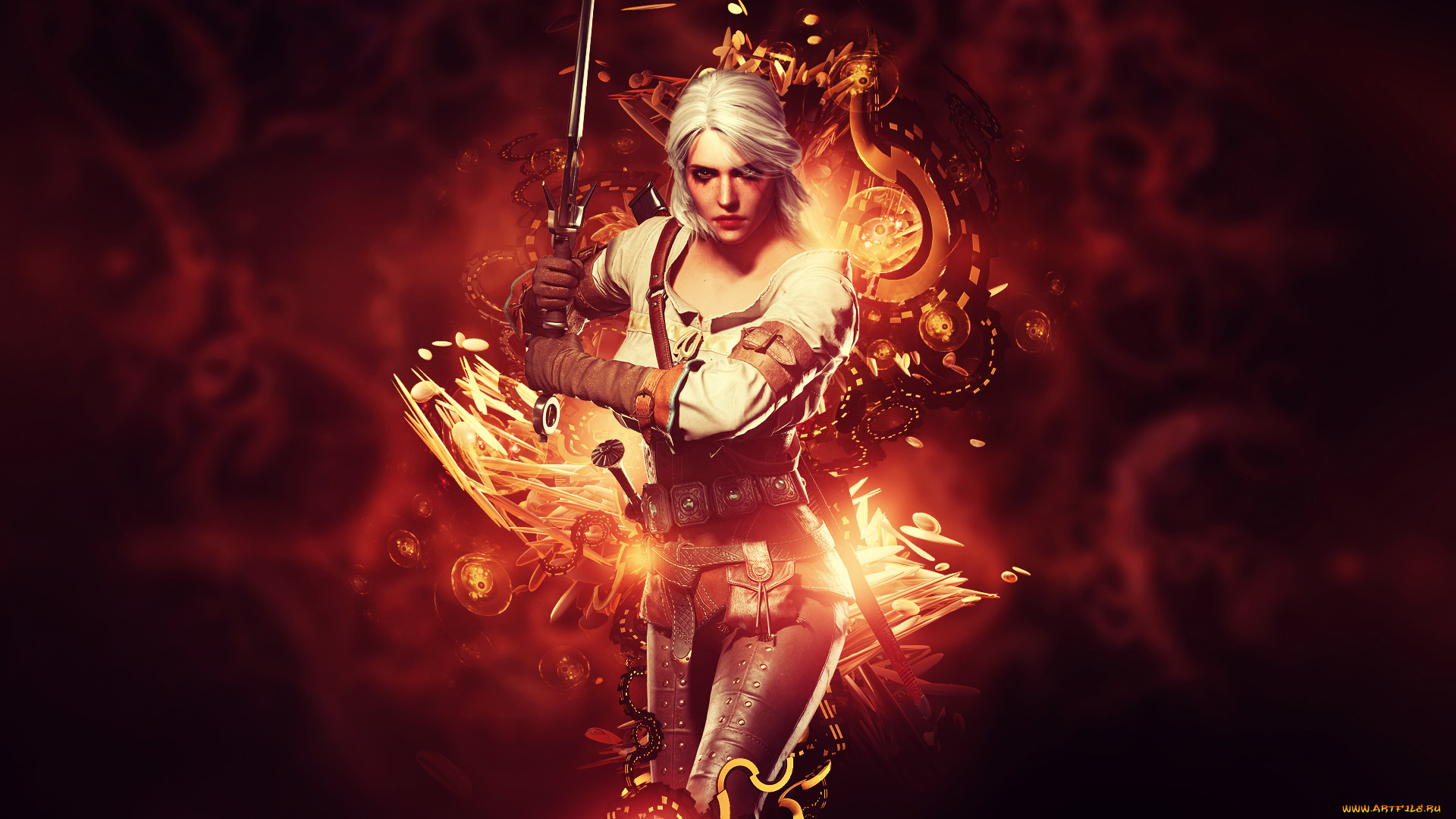 видео, игры, the, witcher, 3, , wild, hunt, девушка, взгляд, фон, оружие