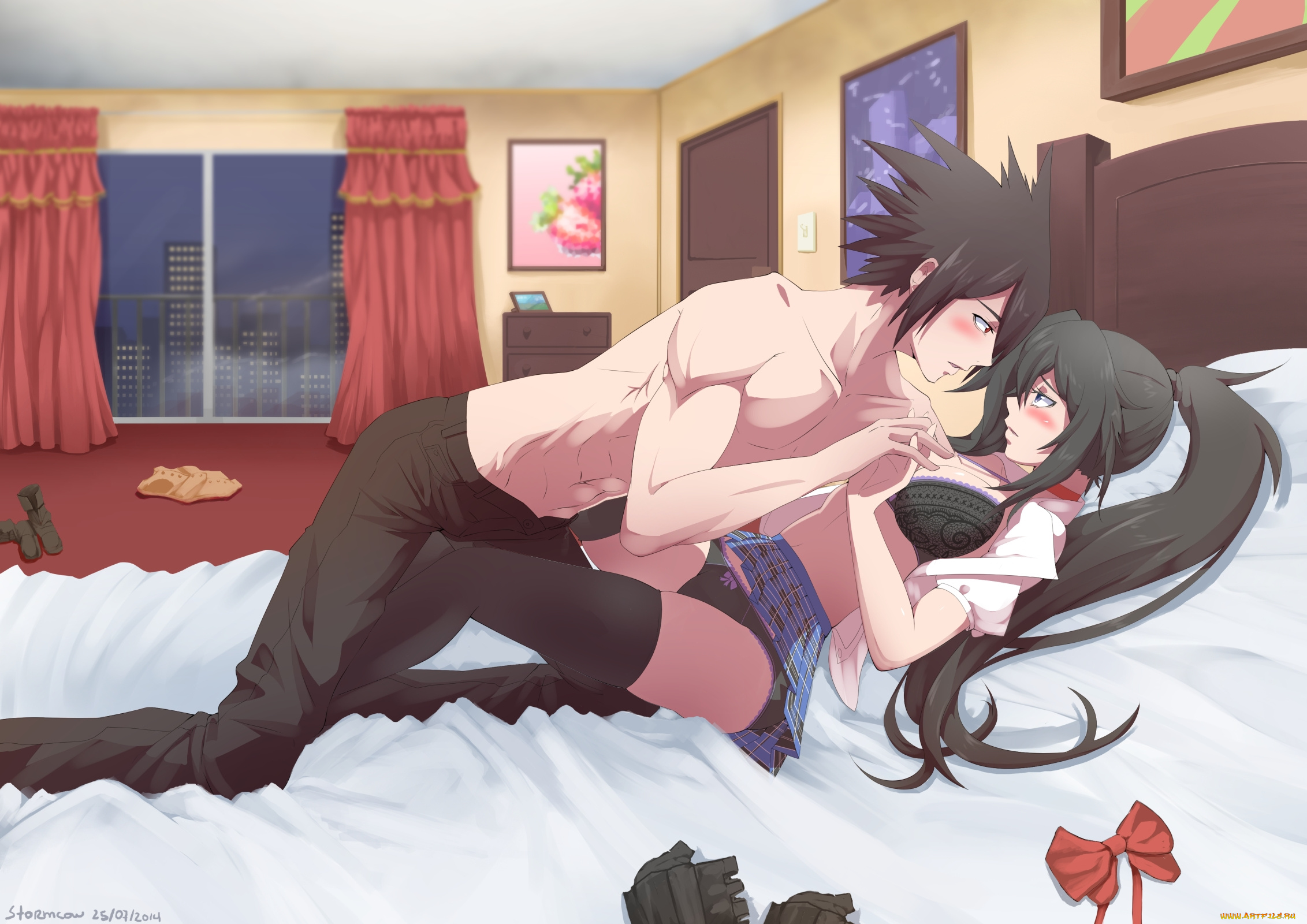 разное, арты, девушка, взгляд, фон, кровать, парень