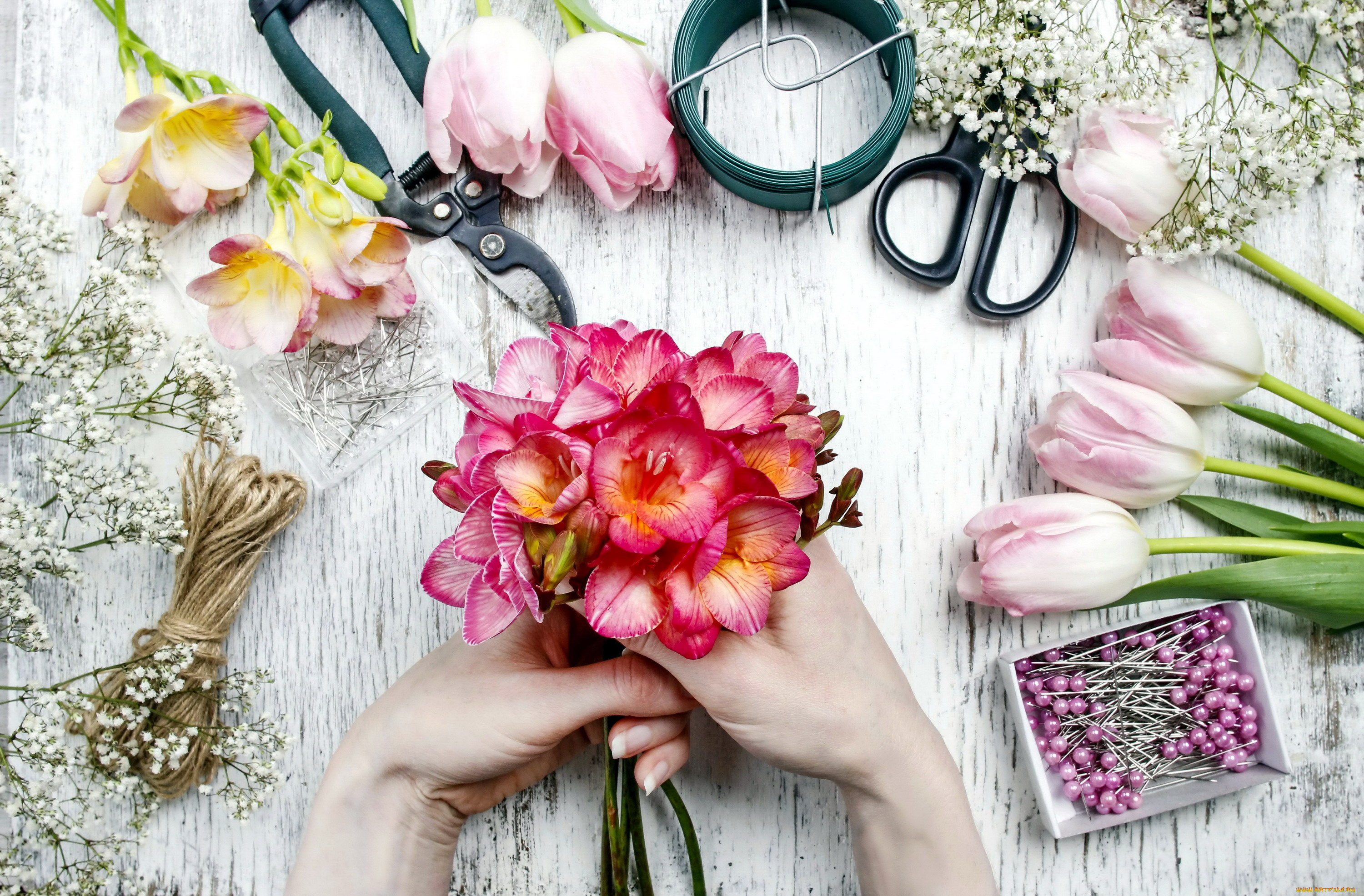 цветы, разные, вместе, фрезии, гипсофила, тюльпаны