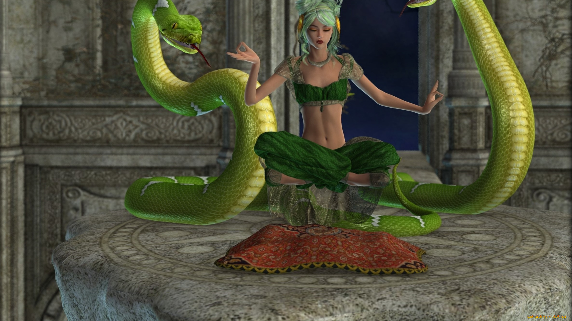 3д, графика, фантазия, , fantasy, удавы, фон, девушка, взгляд