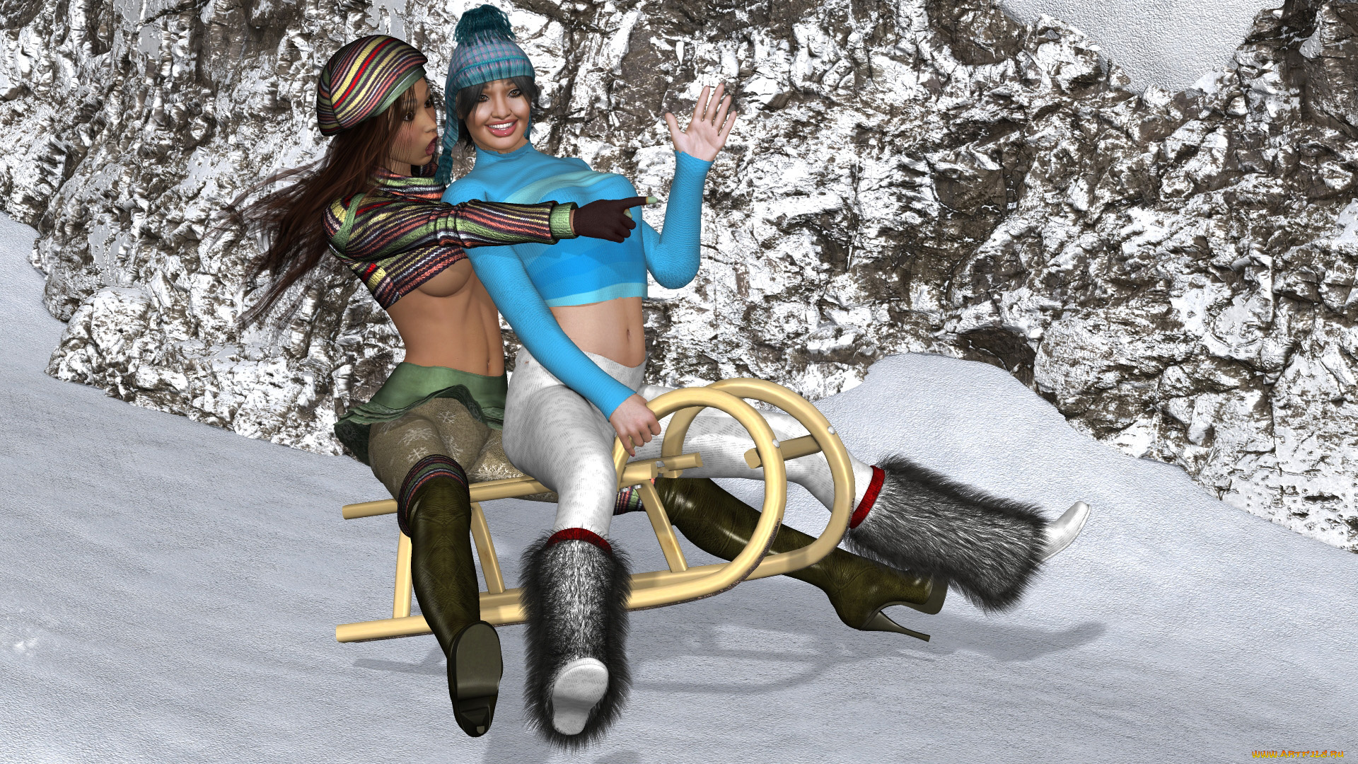 3д, графика, люди, , people, девушки, взгляд, фон, санки, снег, зима