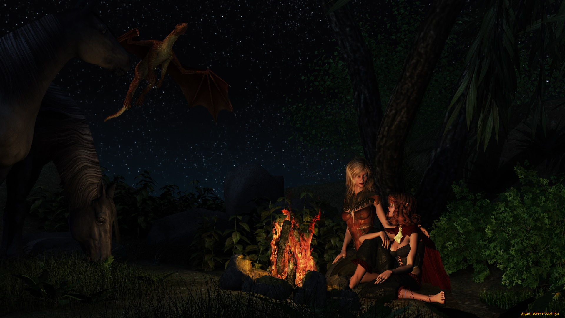 3д, графика, люди, , people, девушки, взгляд, фон, ночь, костер, лошадь