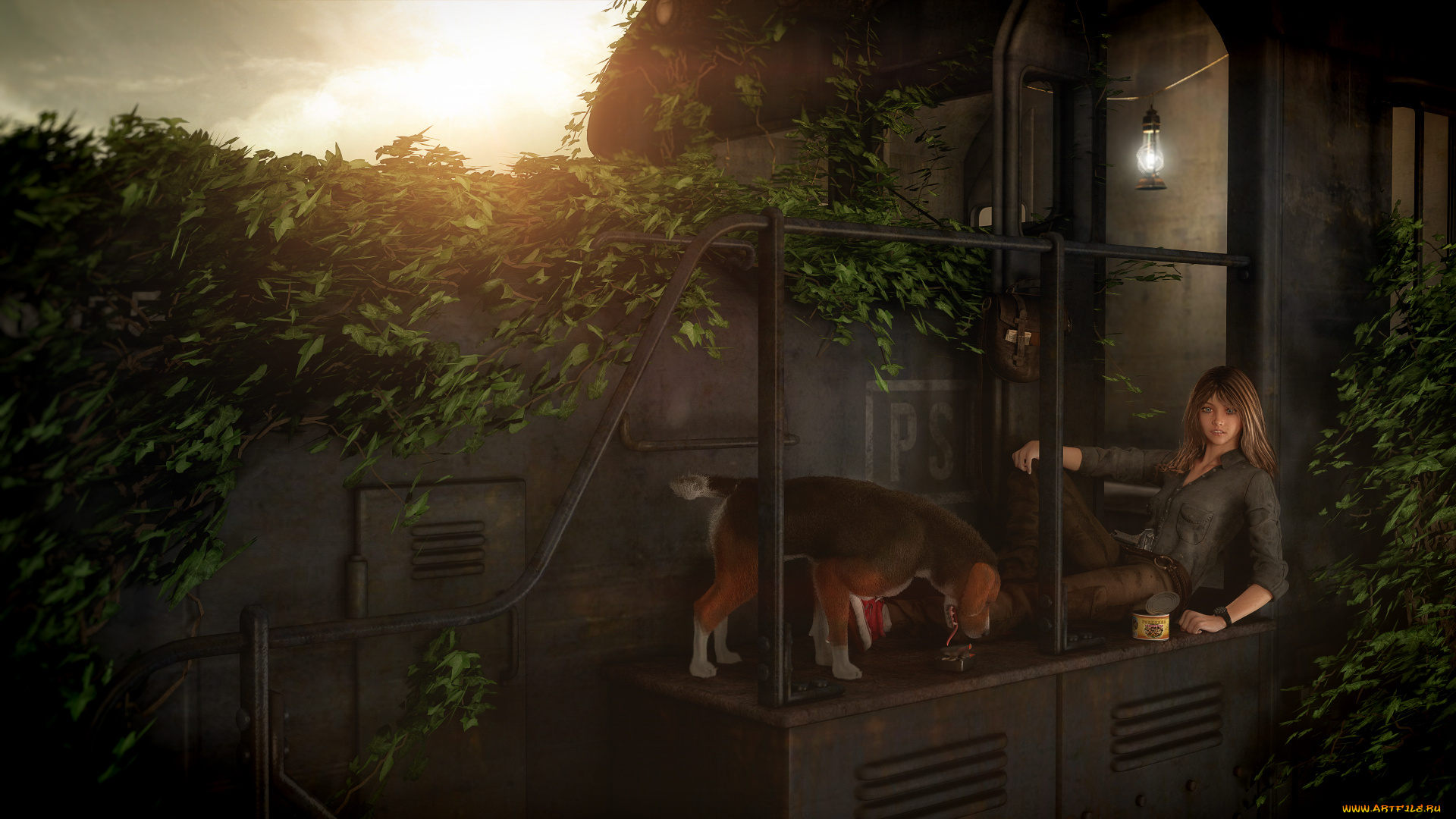 3д, графика, люди, и, животные, , people, and, animals, девушка, взгляд, фон, собака, крыльцо