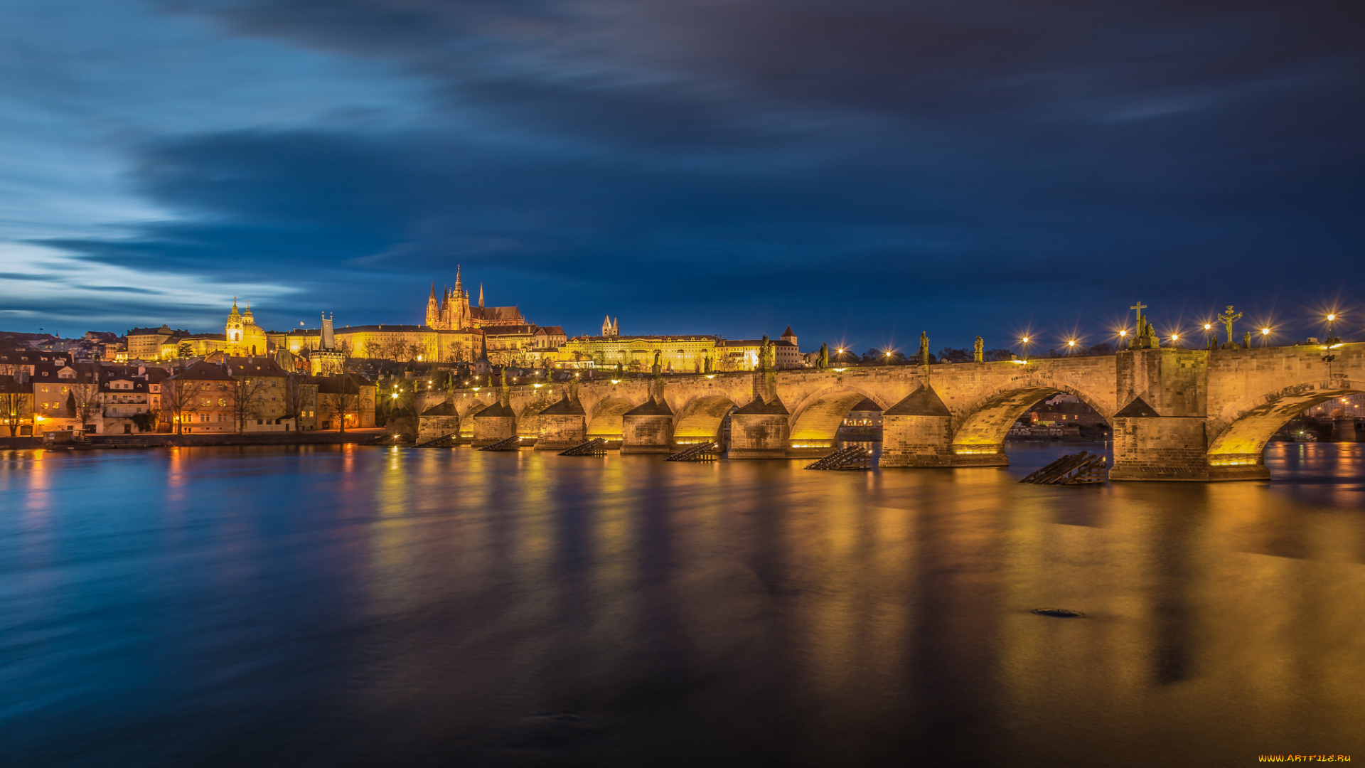 prague, castle, &, st, charles, bridge, города, прага, , Чехия, огни, мост, река