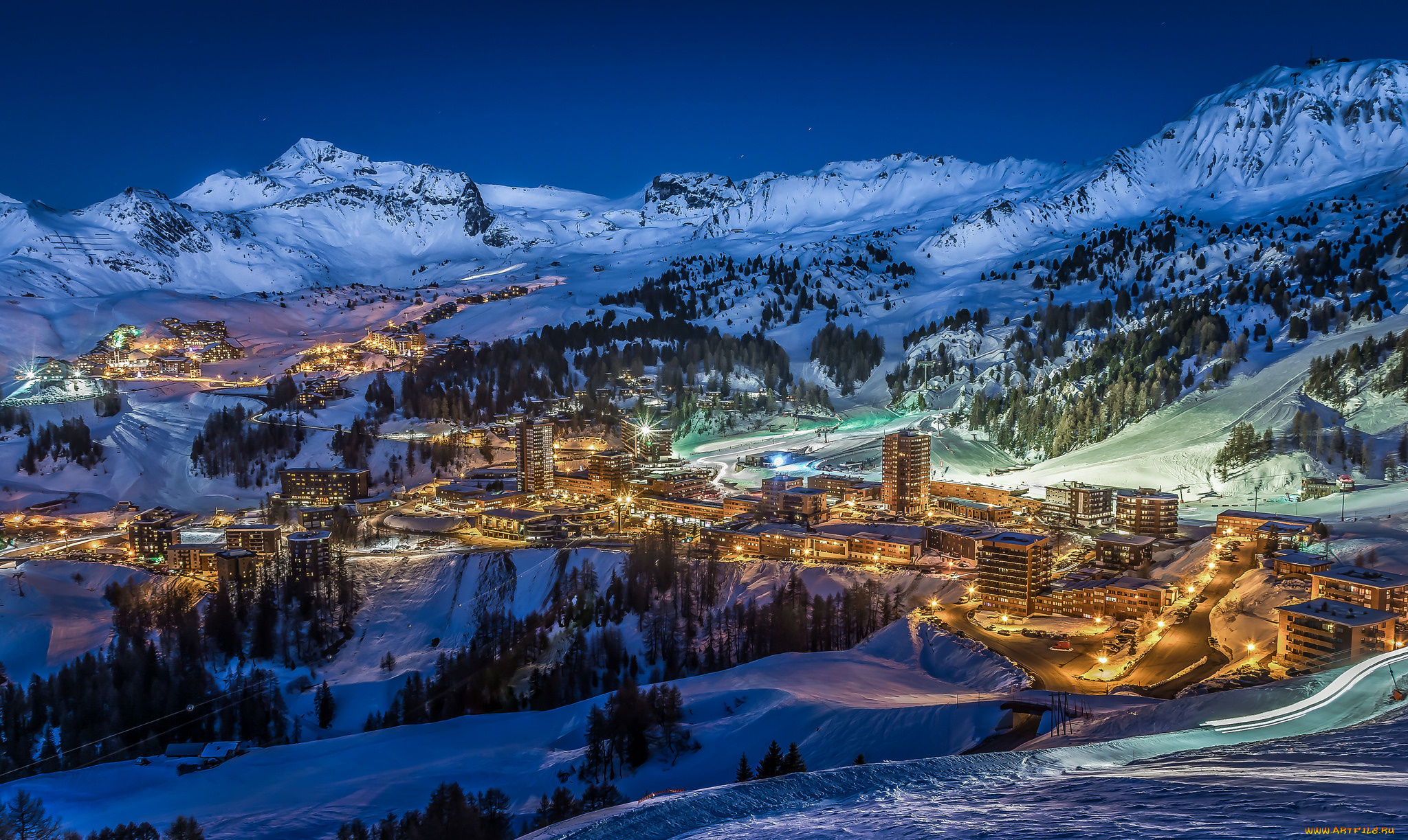 города, -, огни, ночного, города, огни, ночь, горы