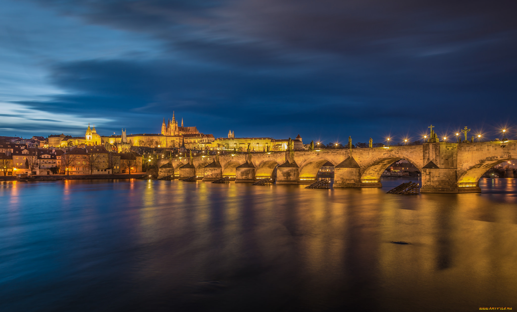 prague, castle, &, st, charles, bridge, города, прага, , Чехия, огни, мост, река
