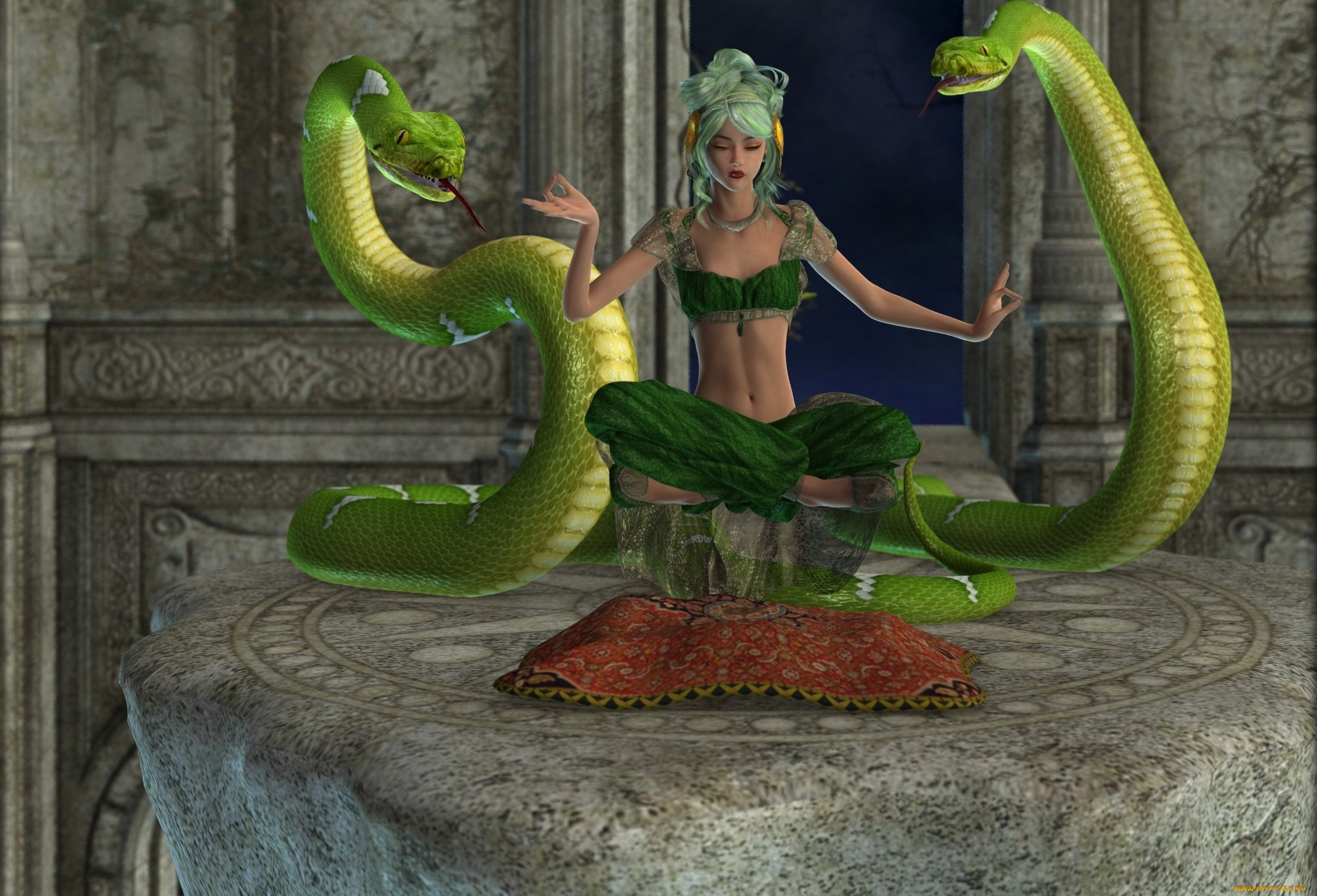 3д, графика, фантазия, , fantasy, удавы, фон, девушка, взгляд
