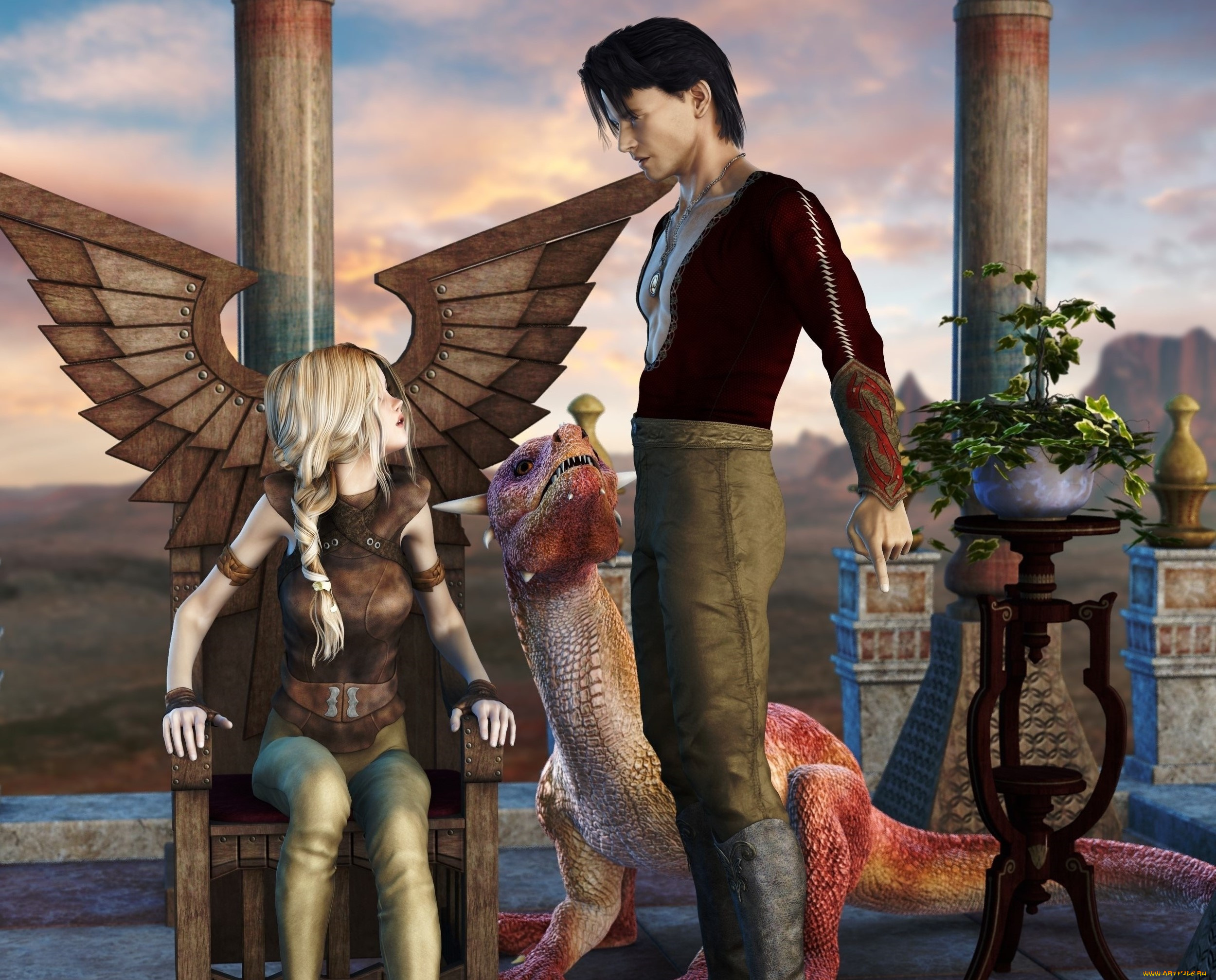 3д, графика, фантазия, , fantasy, парень, фон, взгляд, девушка, дракон