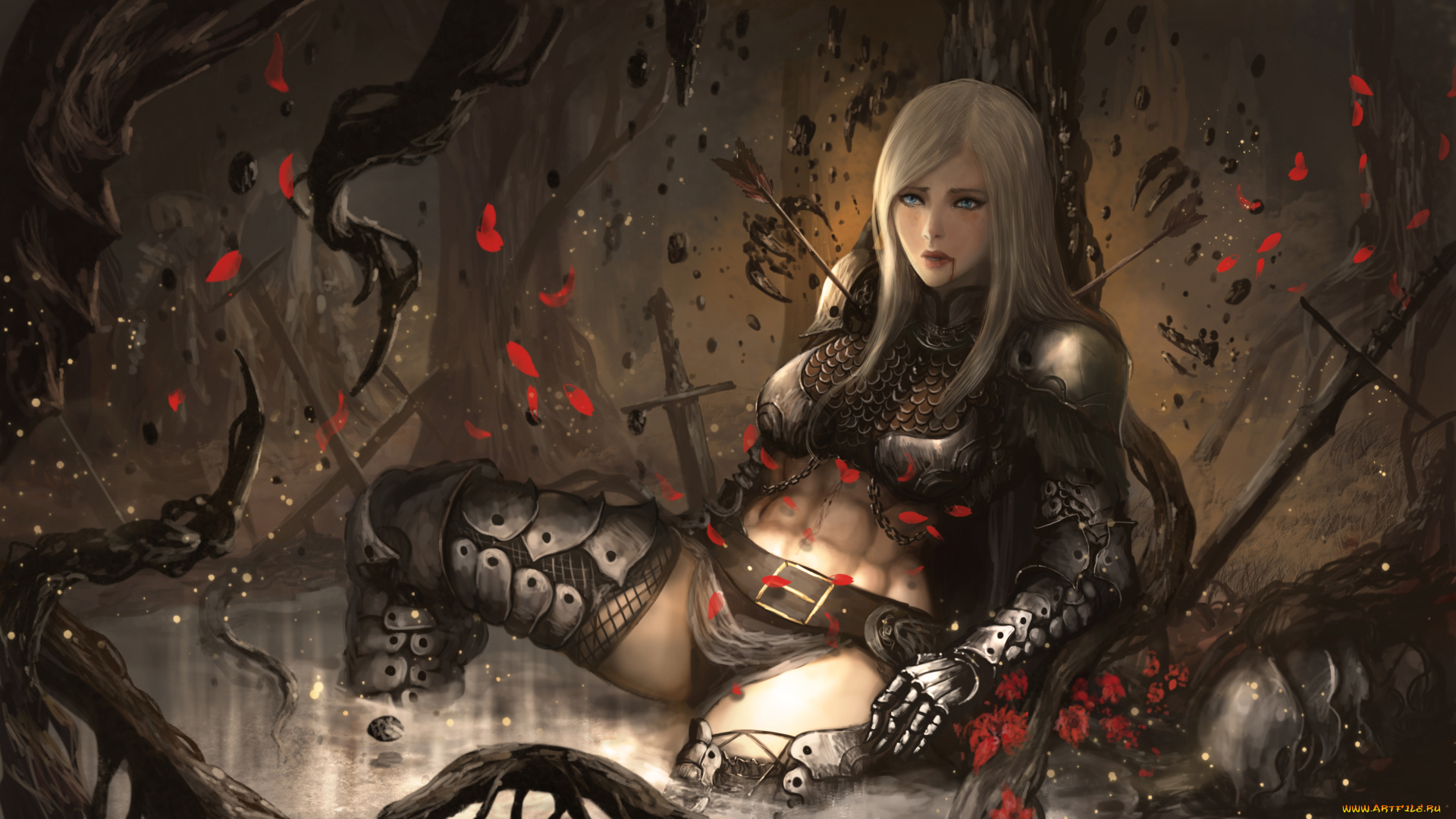 фэнтези, девушки, стрела, униформа, взгляд, фон, девушка