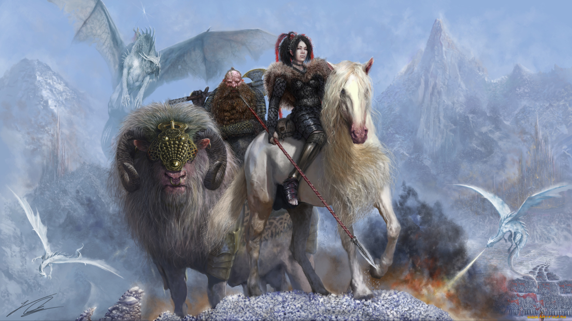 фэнтези, красавицы, и, чудовища, девушка, мужчина, фон, животные, взгляд, оружие