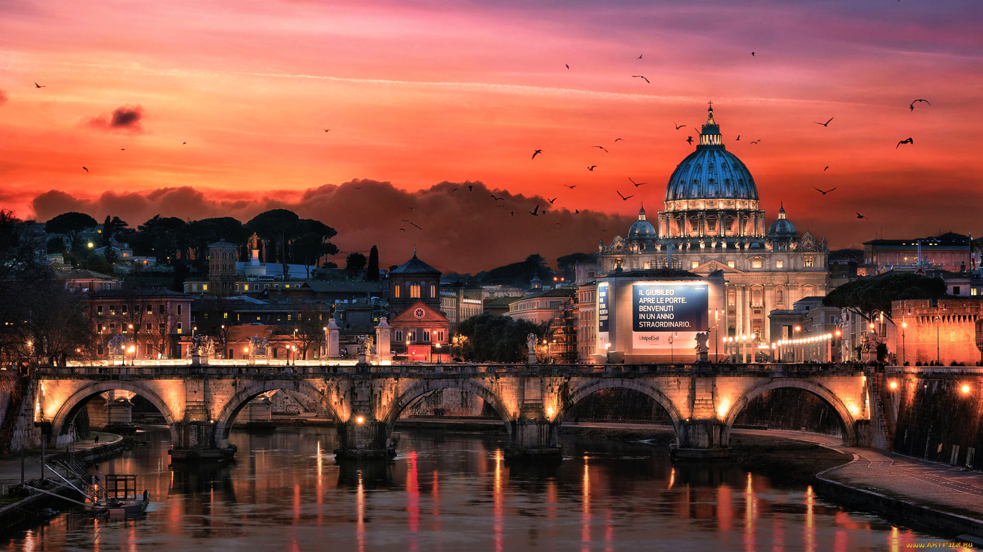 города, рим, , ватикан, , италия, ночь