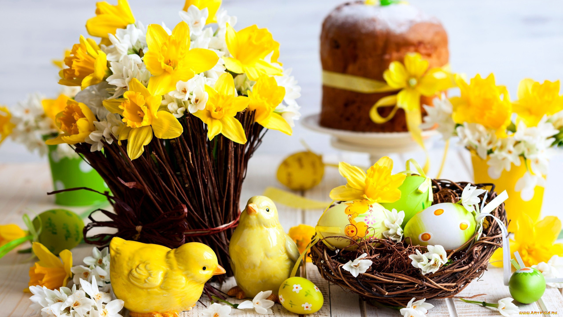 праздничные, пасха, кулич, нарциссы, цыплята