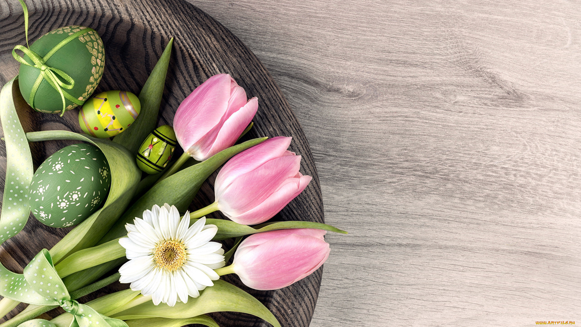 праздничные, пасха, тюльпаны, писанки, бант