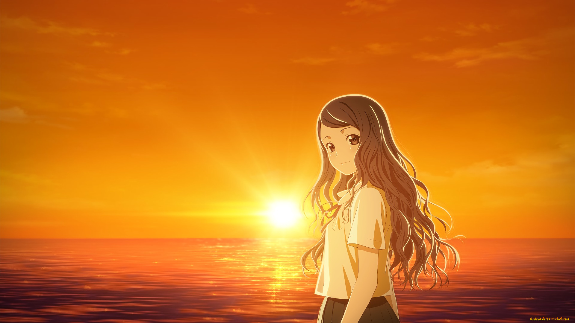 sagrada, reset, аниме, девушка, взгляд, закат, фон