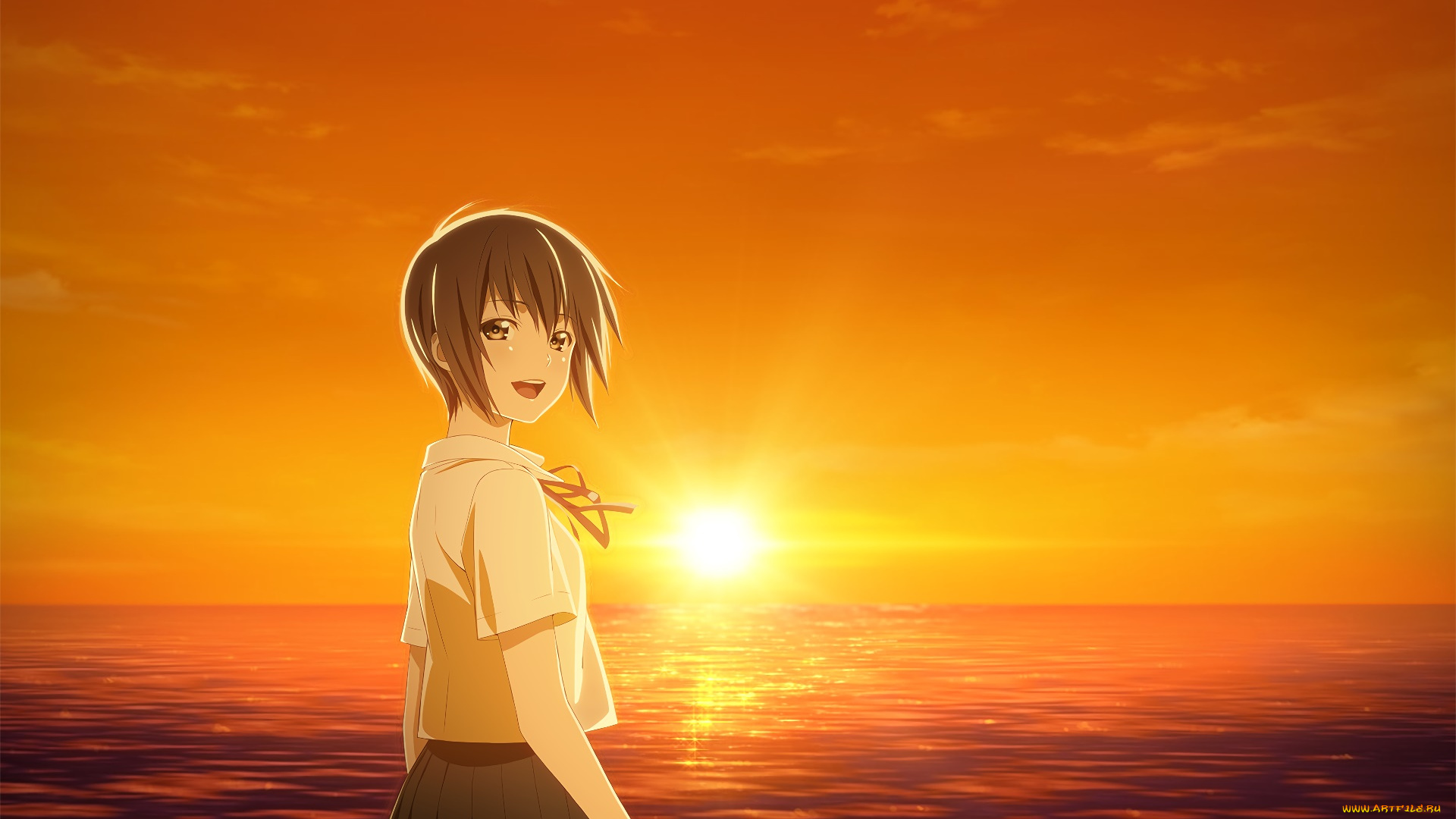 sagrada, reset, аниме, закат, взгляд, девушка, фон