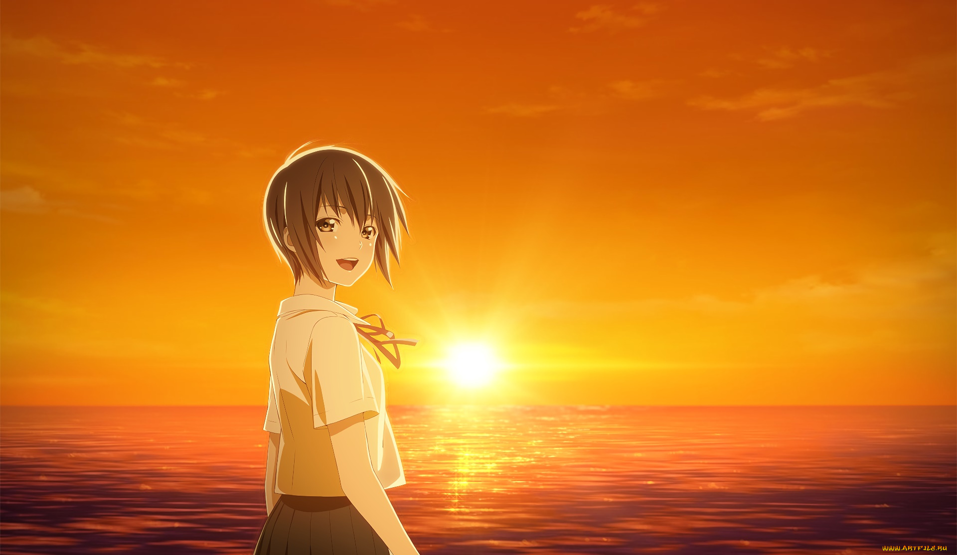 sagrada, reset, аниме, закат, взгляд, девушка, фон