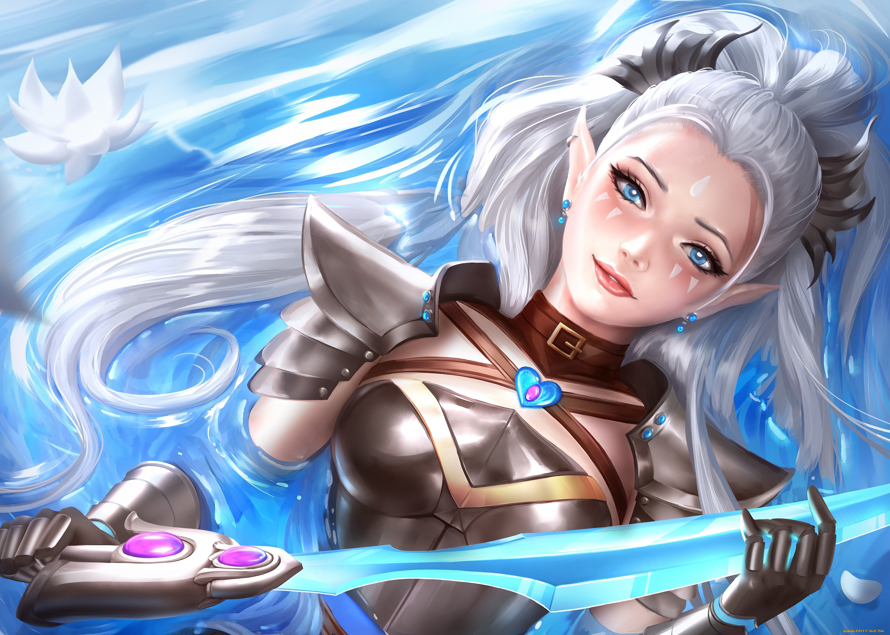 фэнтези, эльфы, арт, adalia, эльф, волосы, вода, меч, девушка