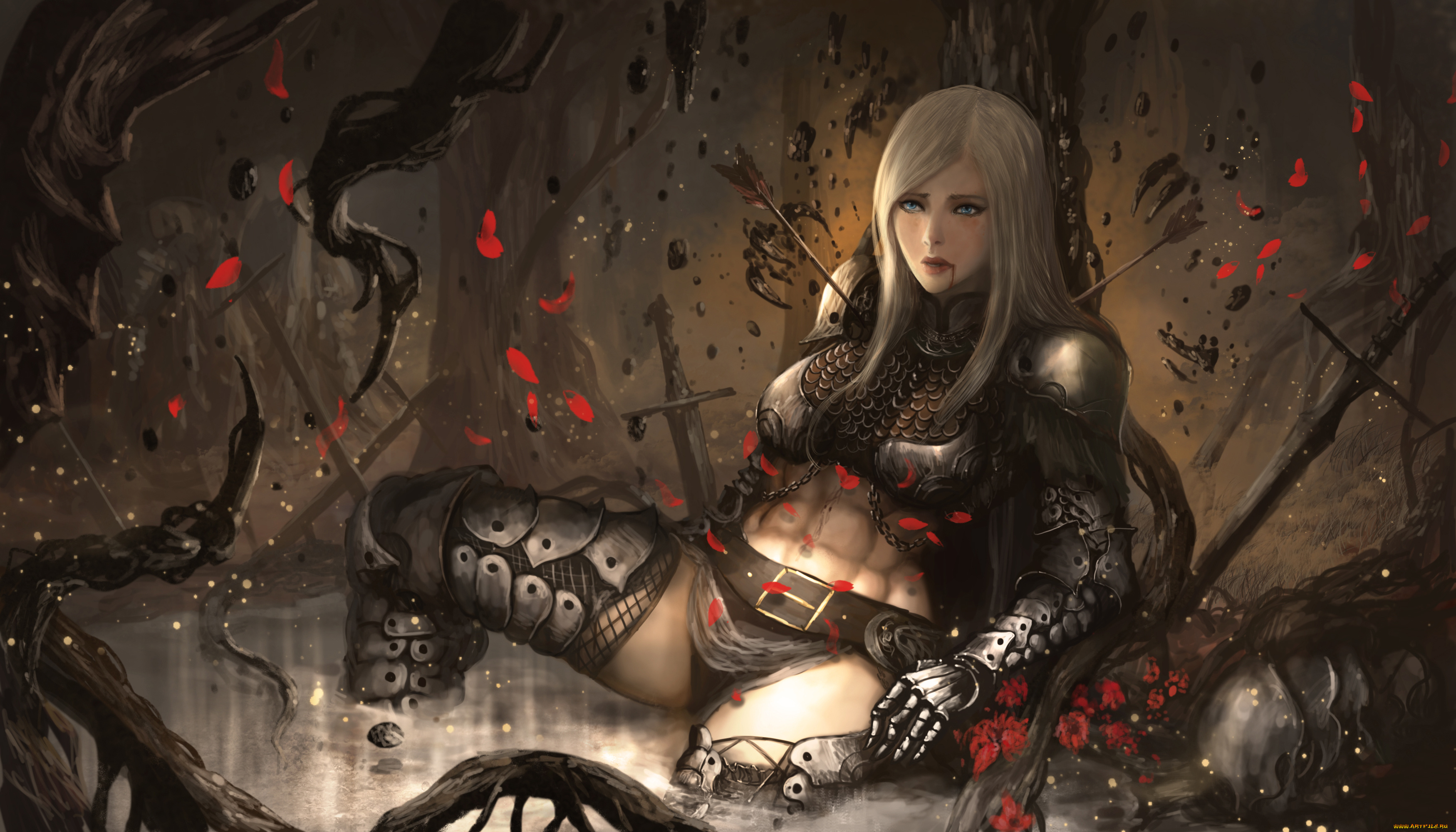 фэнтези, девушки, стрела, униформа, взгляд, фон, девушка