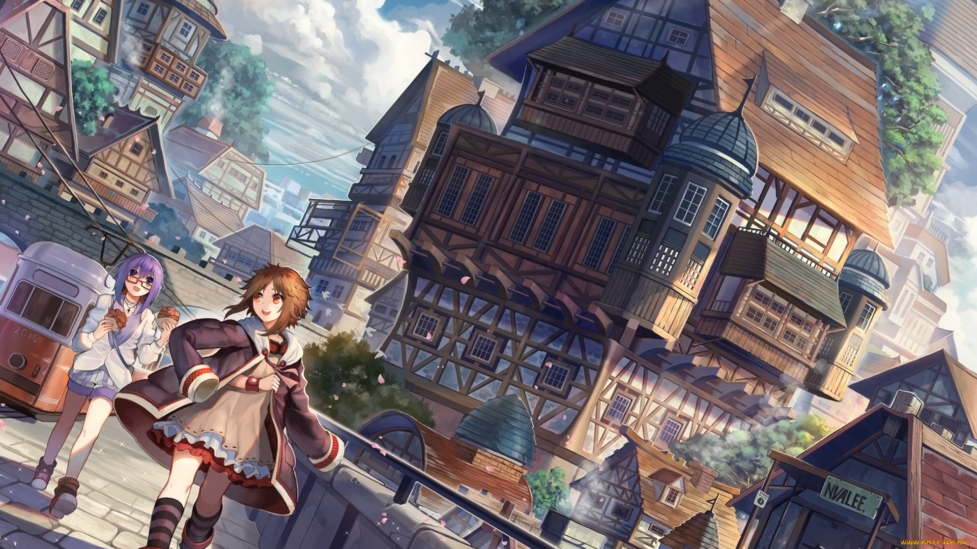 аниме, город, , улицы, , интерьер, , здания, девочки