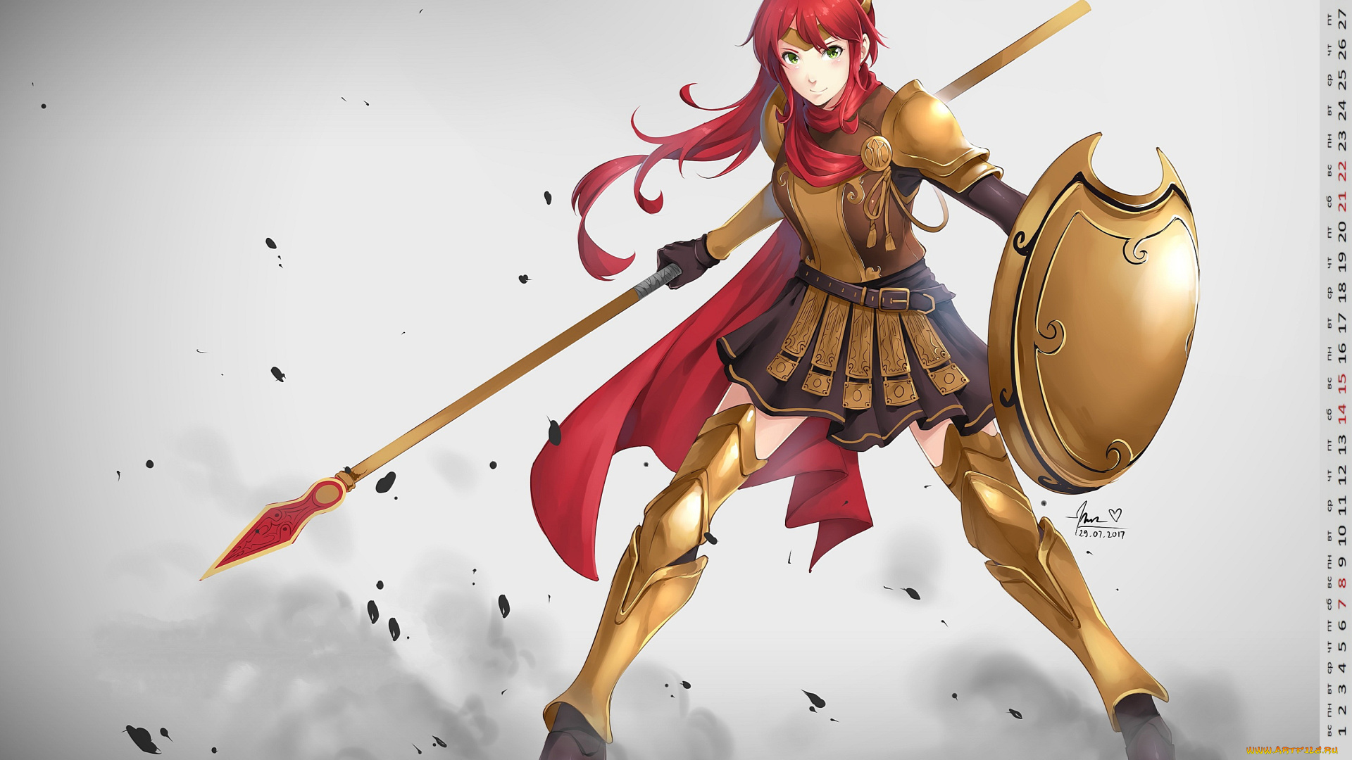 календари, аниме, щит, оружие, взгляд, девушка