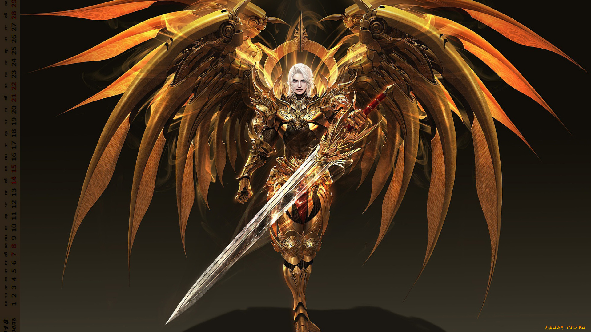 календари, фэнтези, женщина, взгляд, крылья, оружие