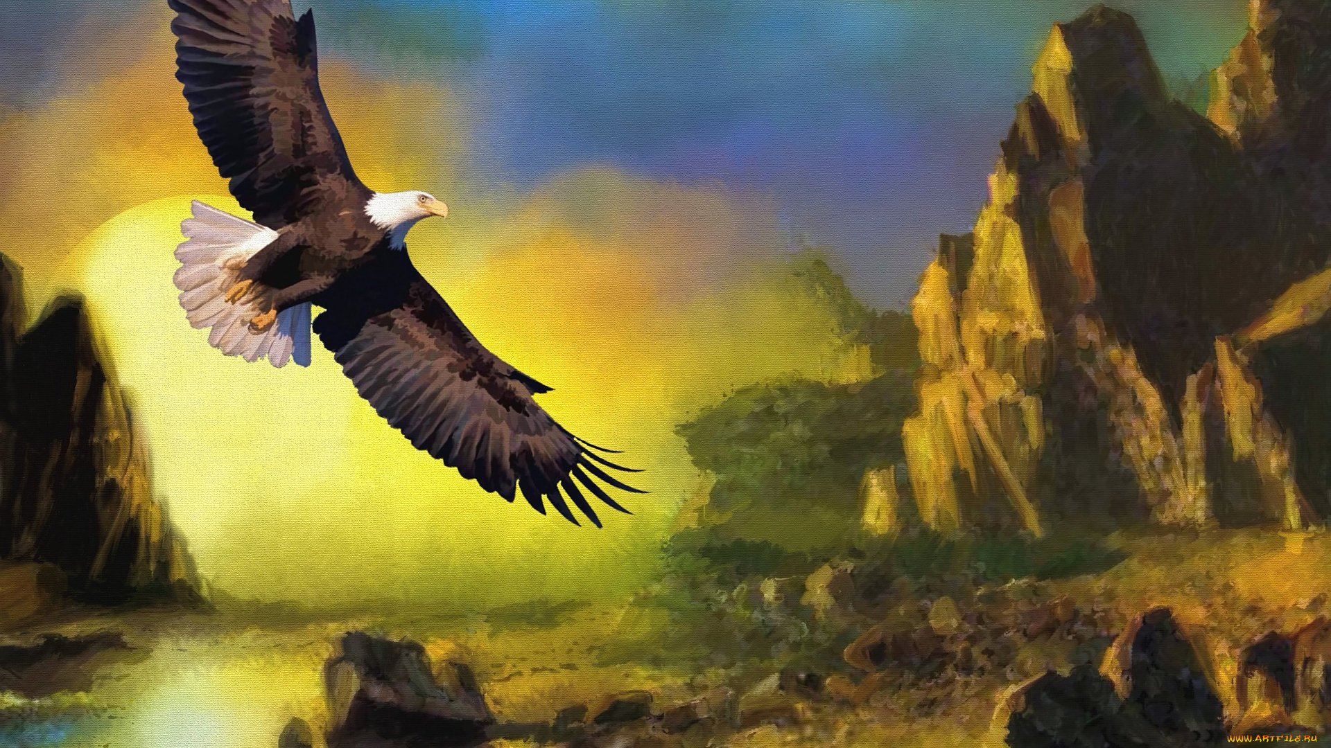 рисованное, животные, , птицы, , орлы, орел, полет