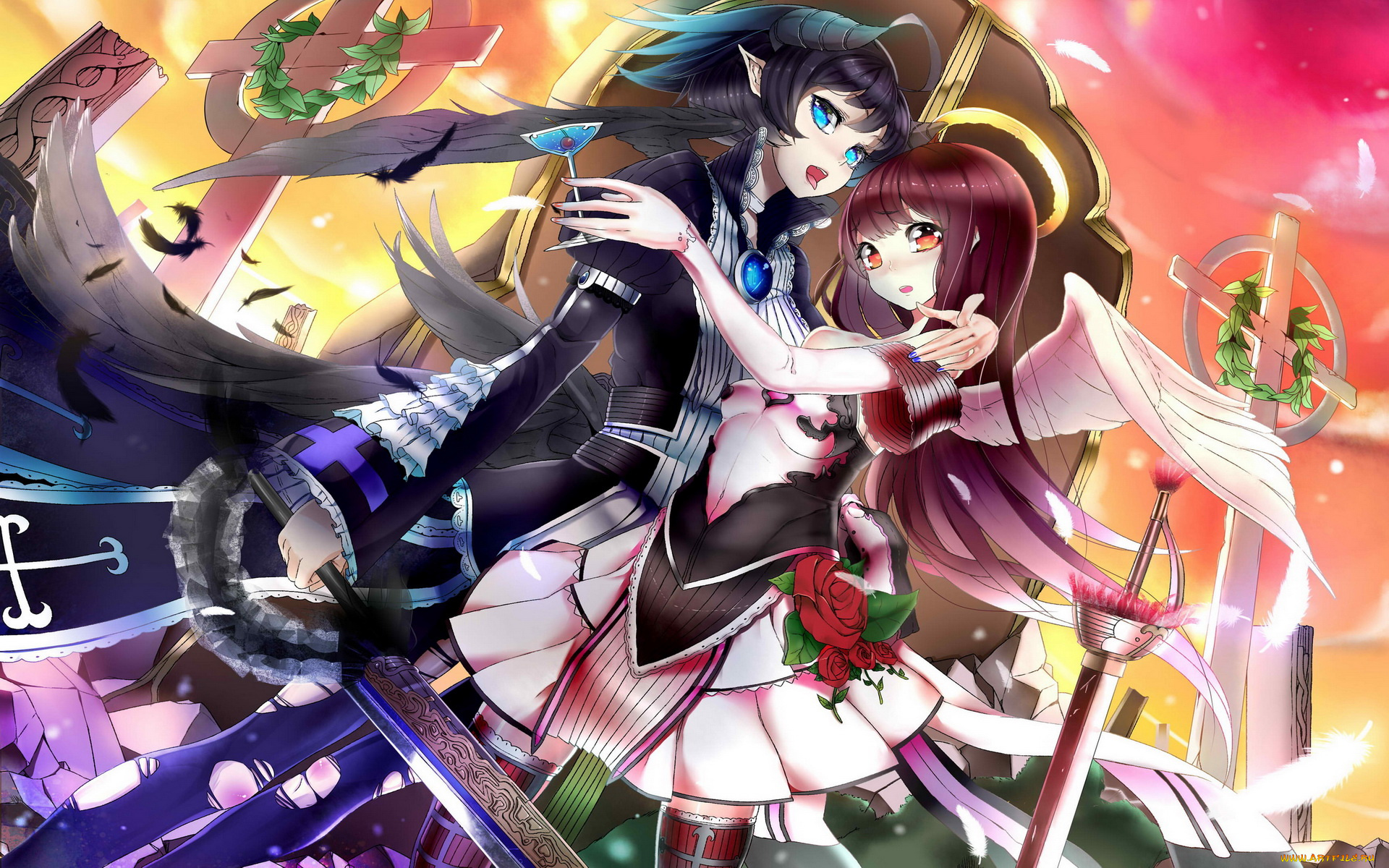 аниме, ангелы, , демоны, девочки, крылья, кресты, мечи