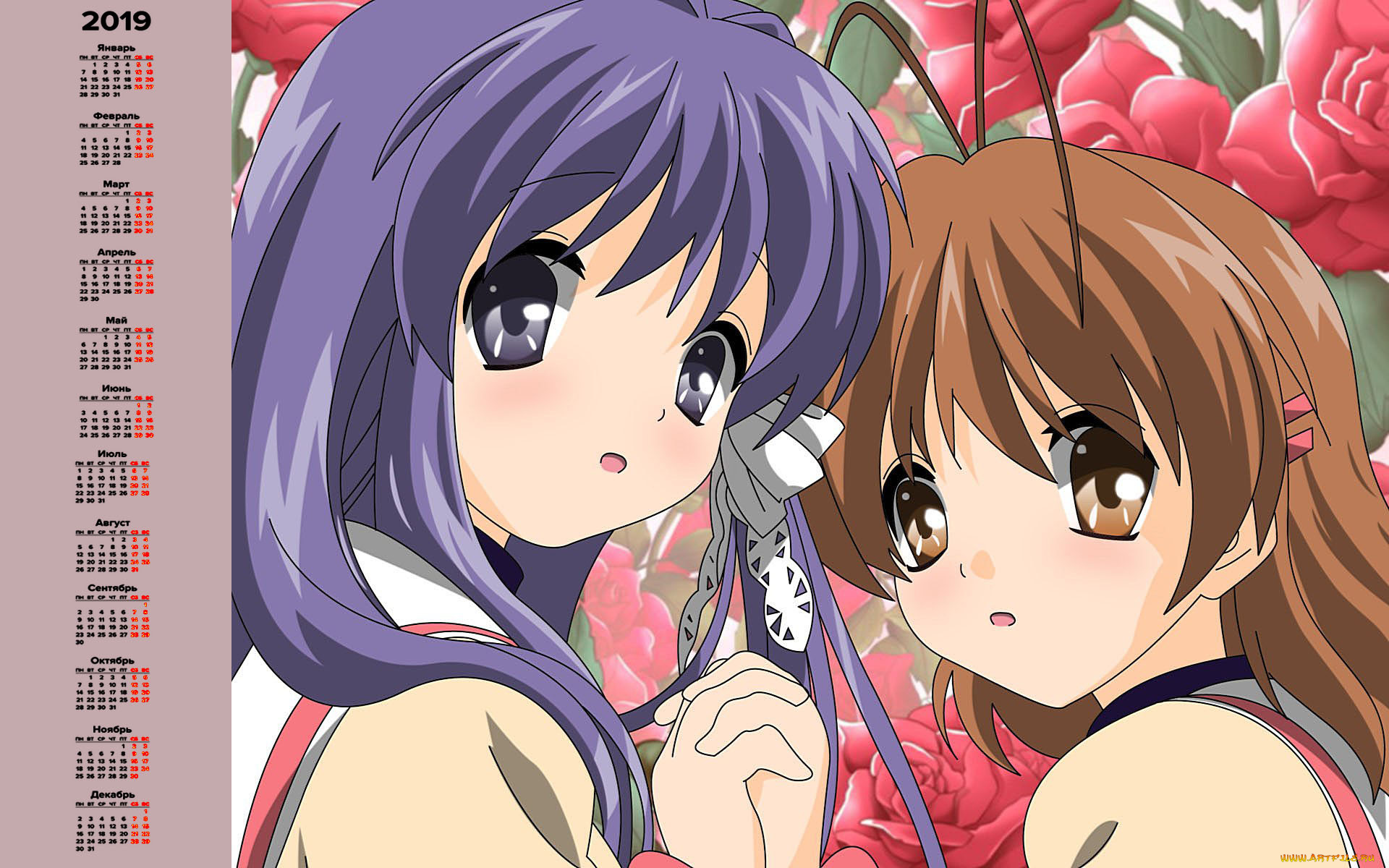 календари, аниме, двое, лицо, взгляд, девочка