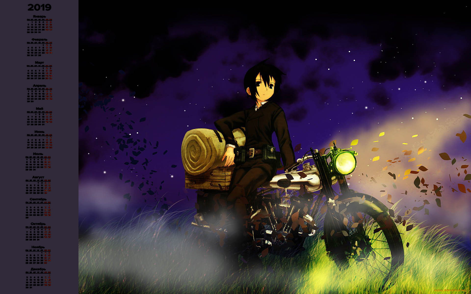 календари, аниме, мотоцикл, человек, ночь, взгляд