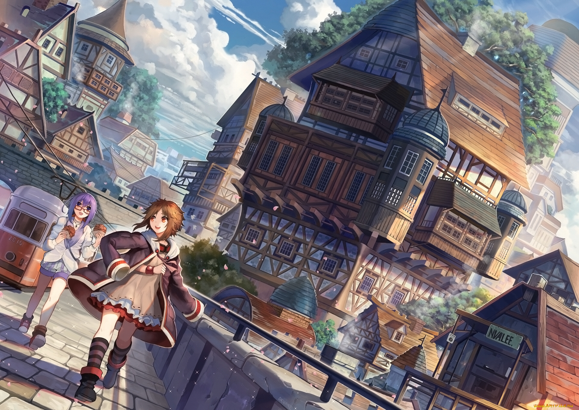 аниме, город, , улицы, , интерьер, , здания, девочки