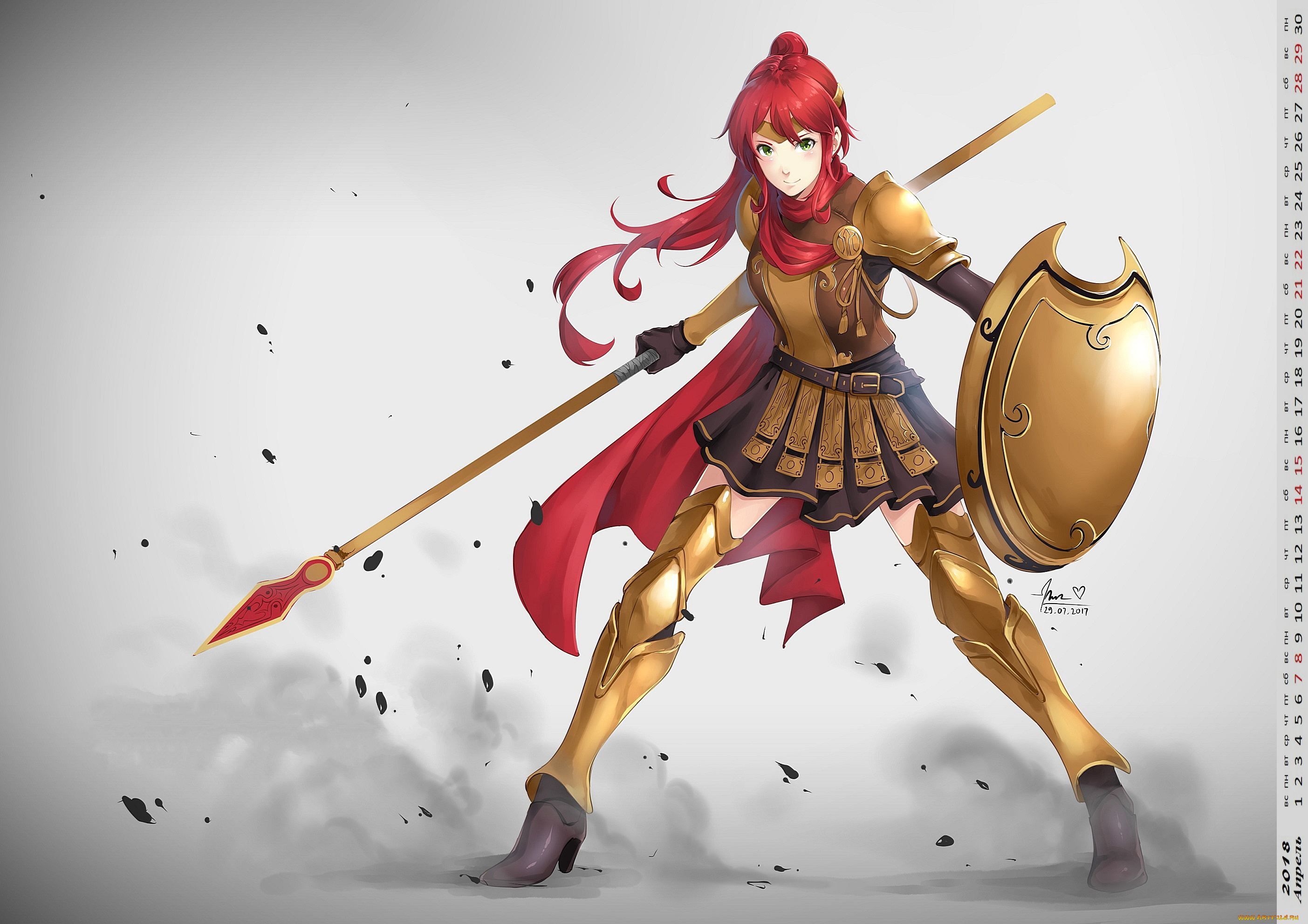 календари, аниме, щит, оружие, взгляд, девушка