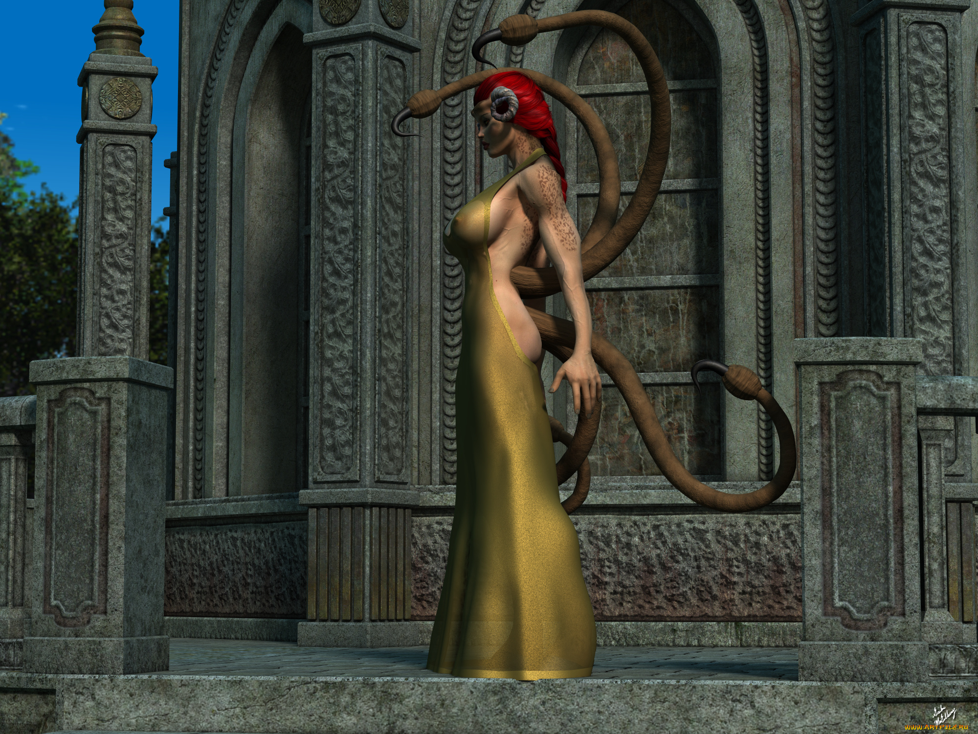 3д, графика, существа, , creatures, девушка, взгляд, фон