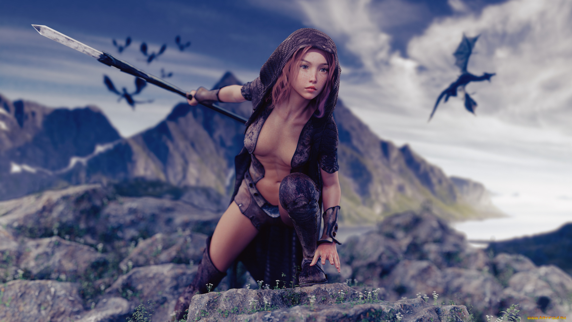 3д, графика, фантазия, , fantasy, девушка, фон, взгляд, посох, дракон